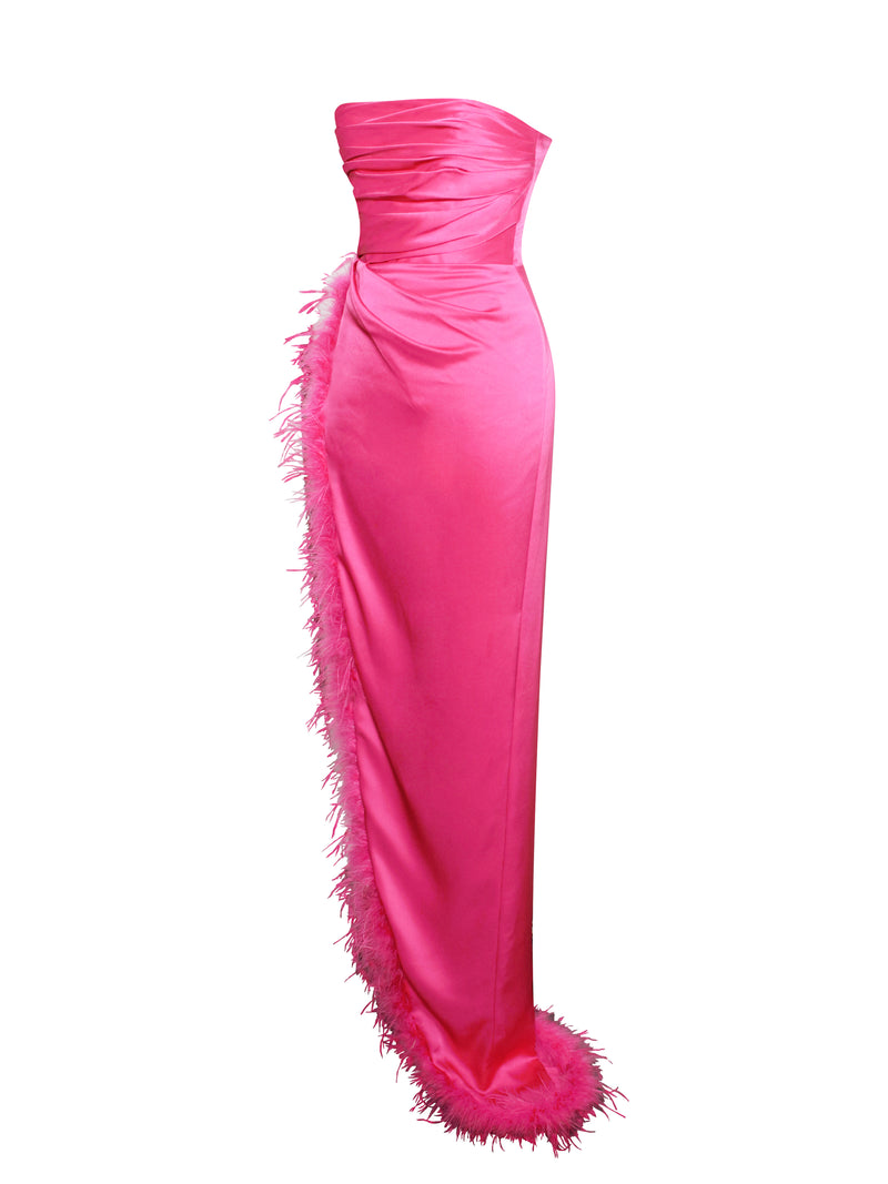 Perrin Fuchsia Feather High Slit Gown
