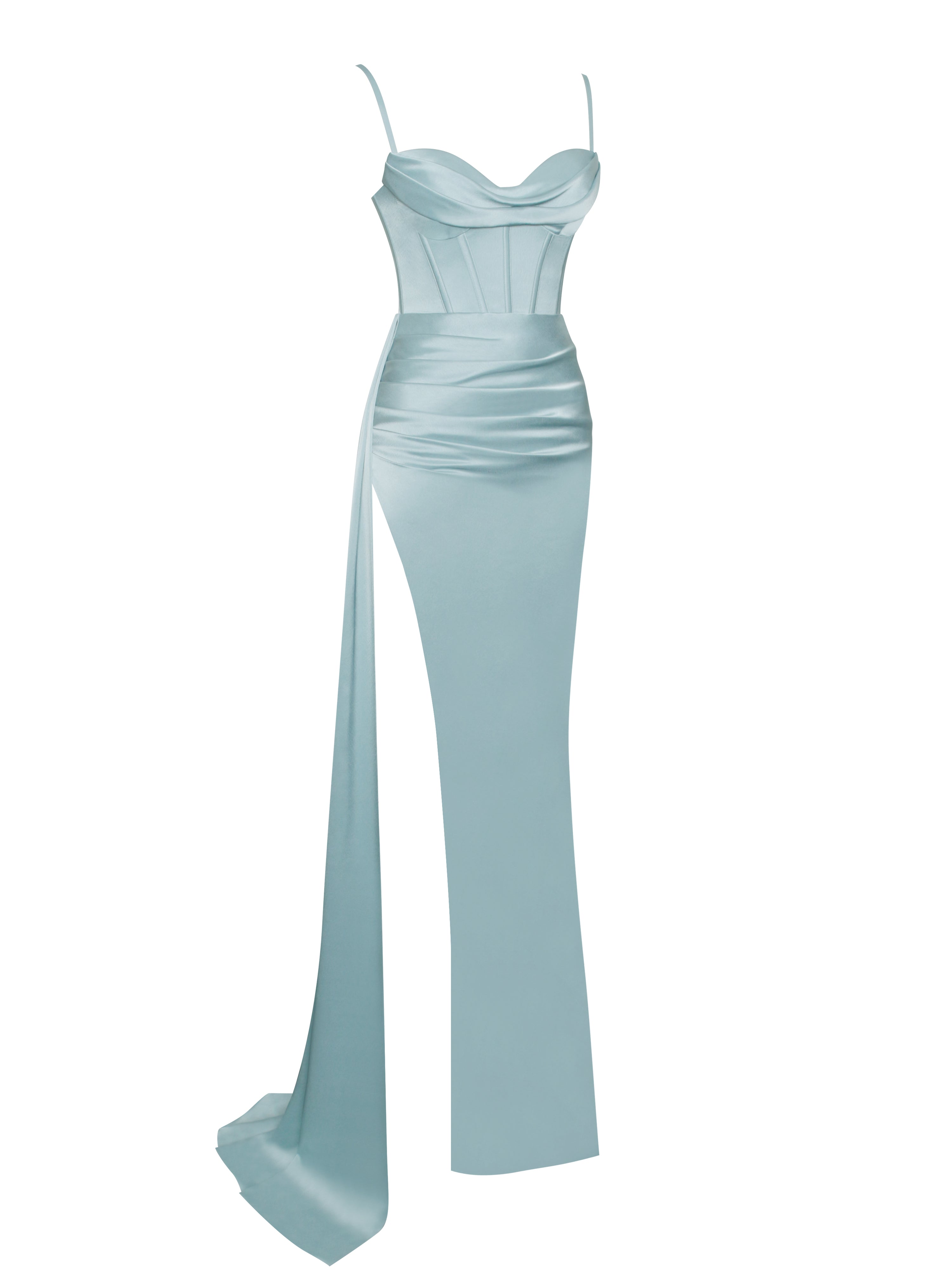 Miss Circle Women Elayna Pale Blue Strappy Satin Corset High Slit Gown Miss Circle Women Elayna Pale Blue Strappy Satin Corset High Slit Gown