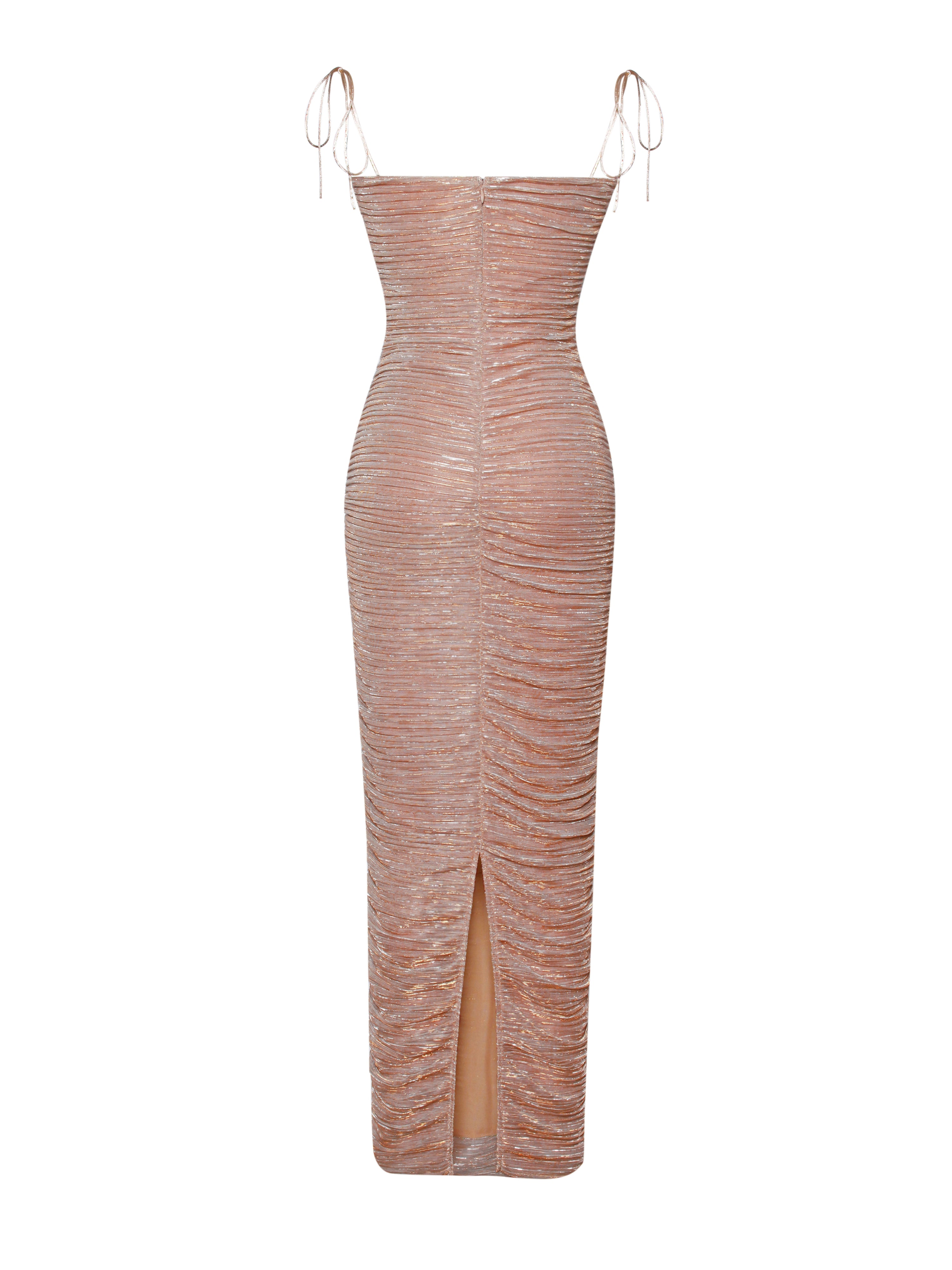 The Glint Rose Gold Ruched Chiffon Long Maxi Dress