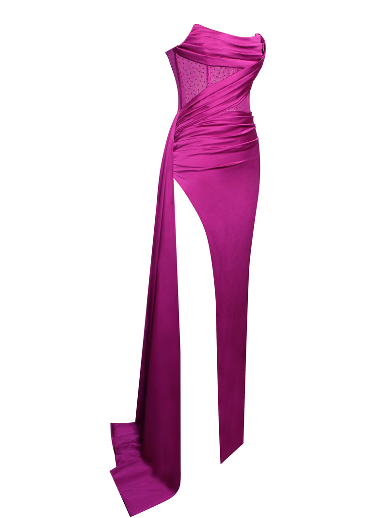 Holly Fuchsia Crystallized Corset High Slit Satin Gown