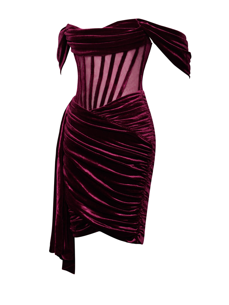 Irisa Burgundy Draping Off Shoulder Corset Dress