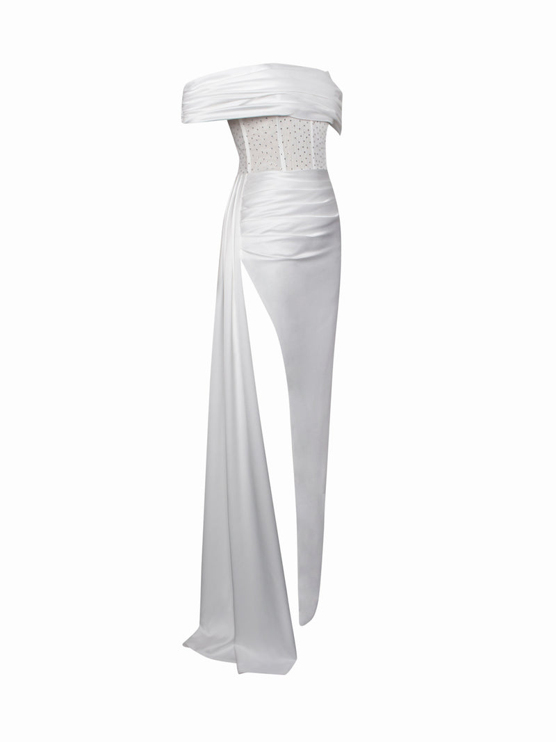 Norma White Off Shoulder Crystallized Corset Satin Gown