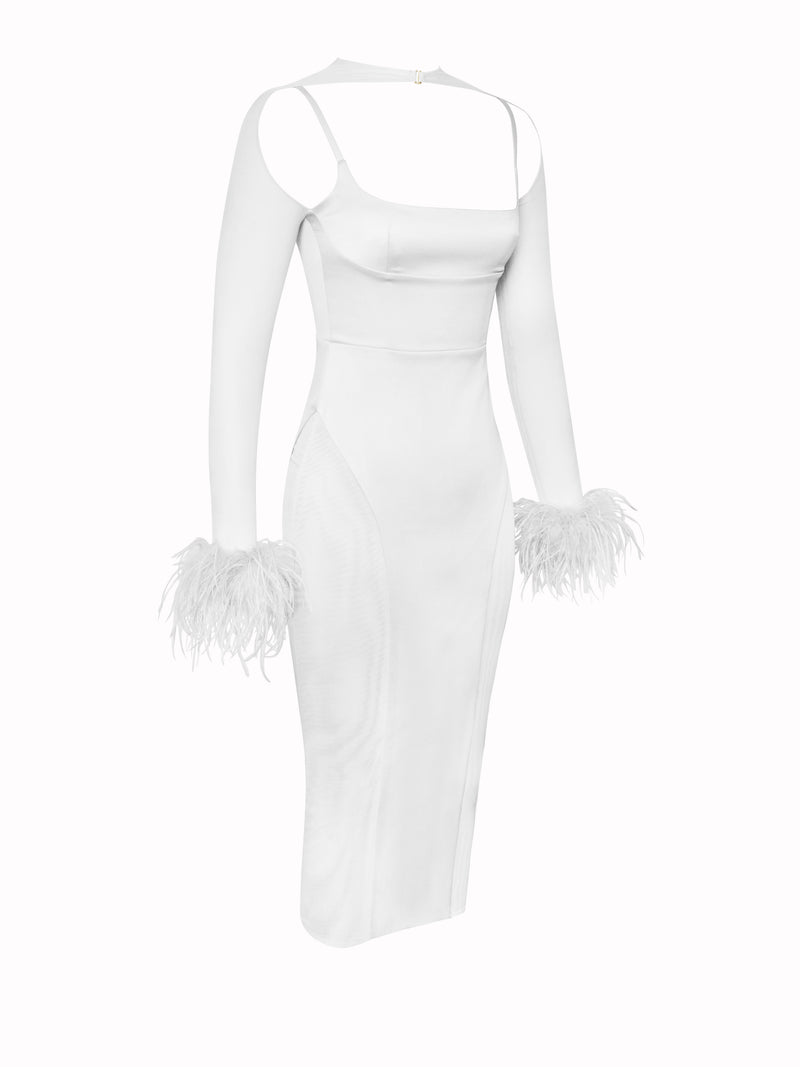 Oaklie White Satin Mesh Sleeve Dress With Feathers
