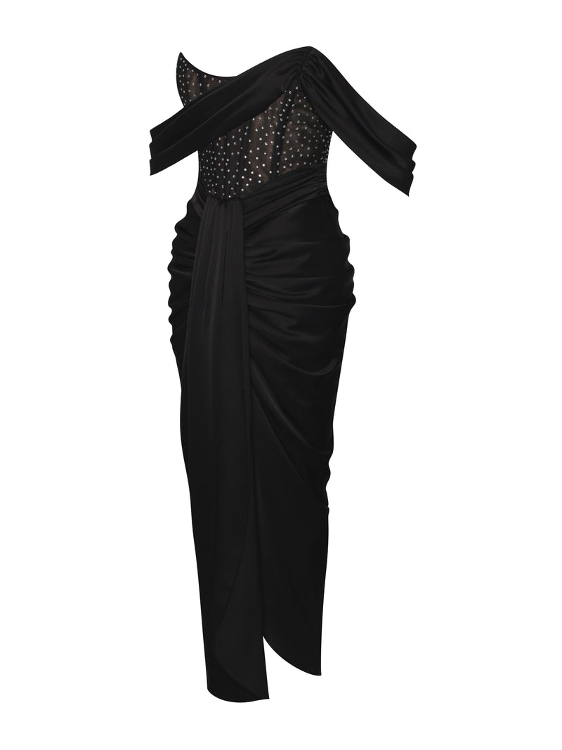 Stella Black Off Shoulder Crystal Corset Satin Gown