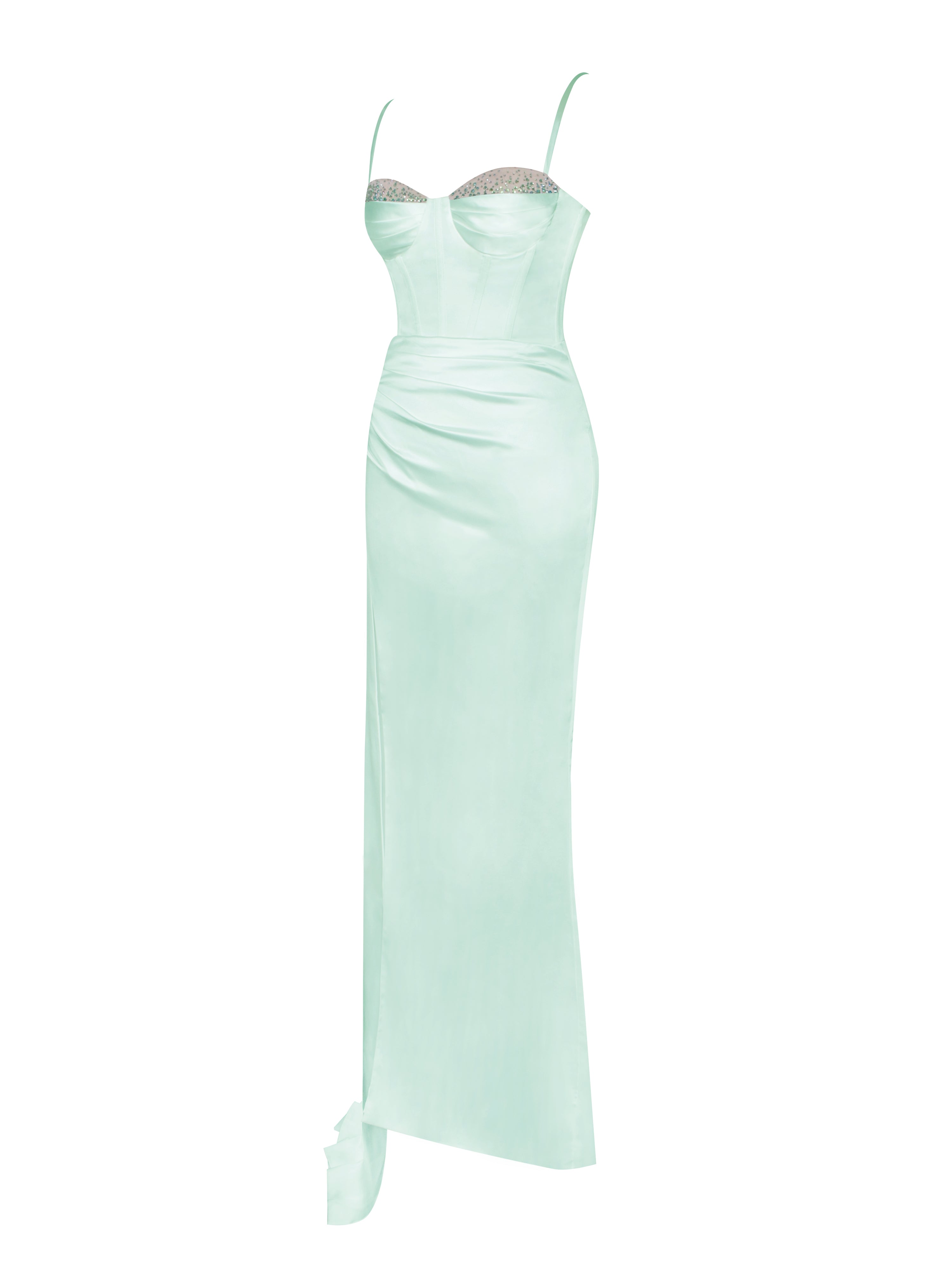 Vanity Mint Satin High Slit Draping Corset Gown With Crystals