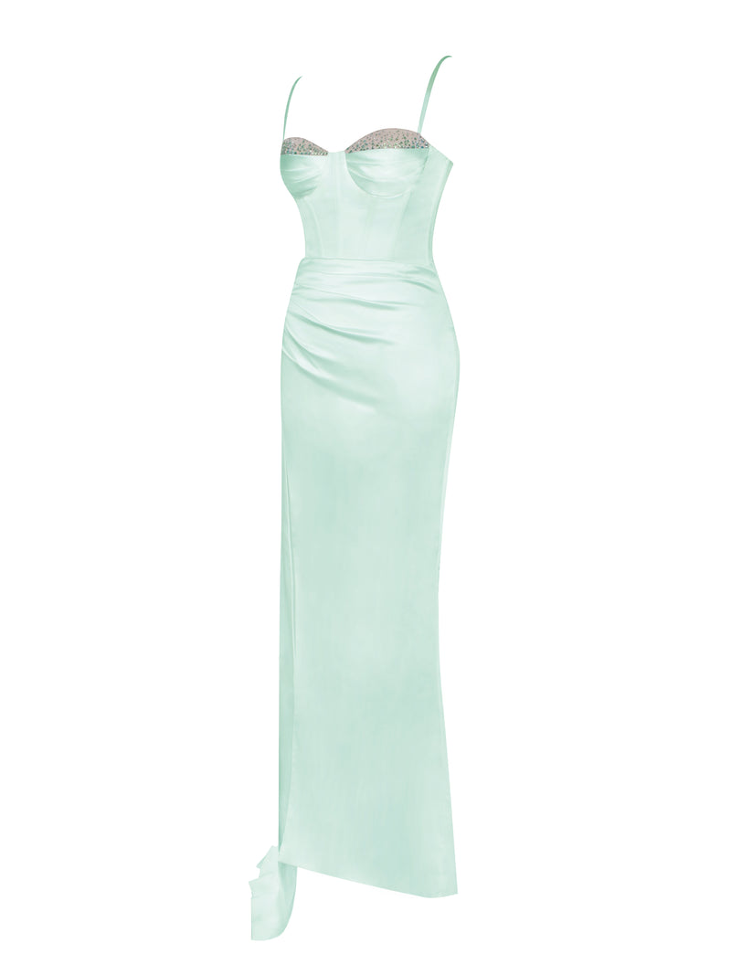Vanity Mint Satin High Slit Draping Corset Gown With Crystals