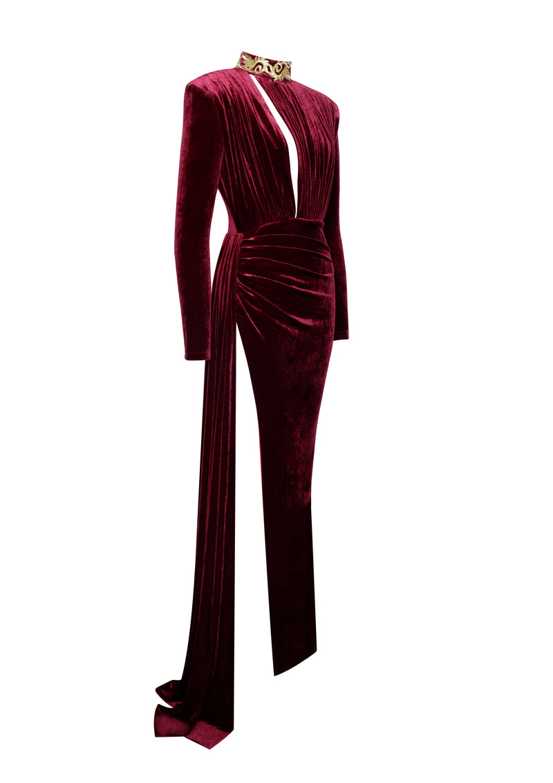 Zenaida Burgundy Cutout High Slit Velvet Gown