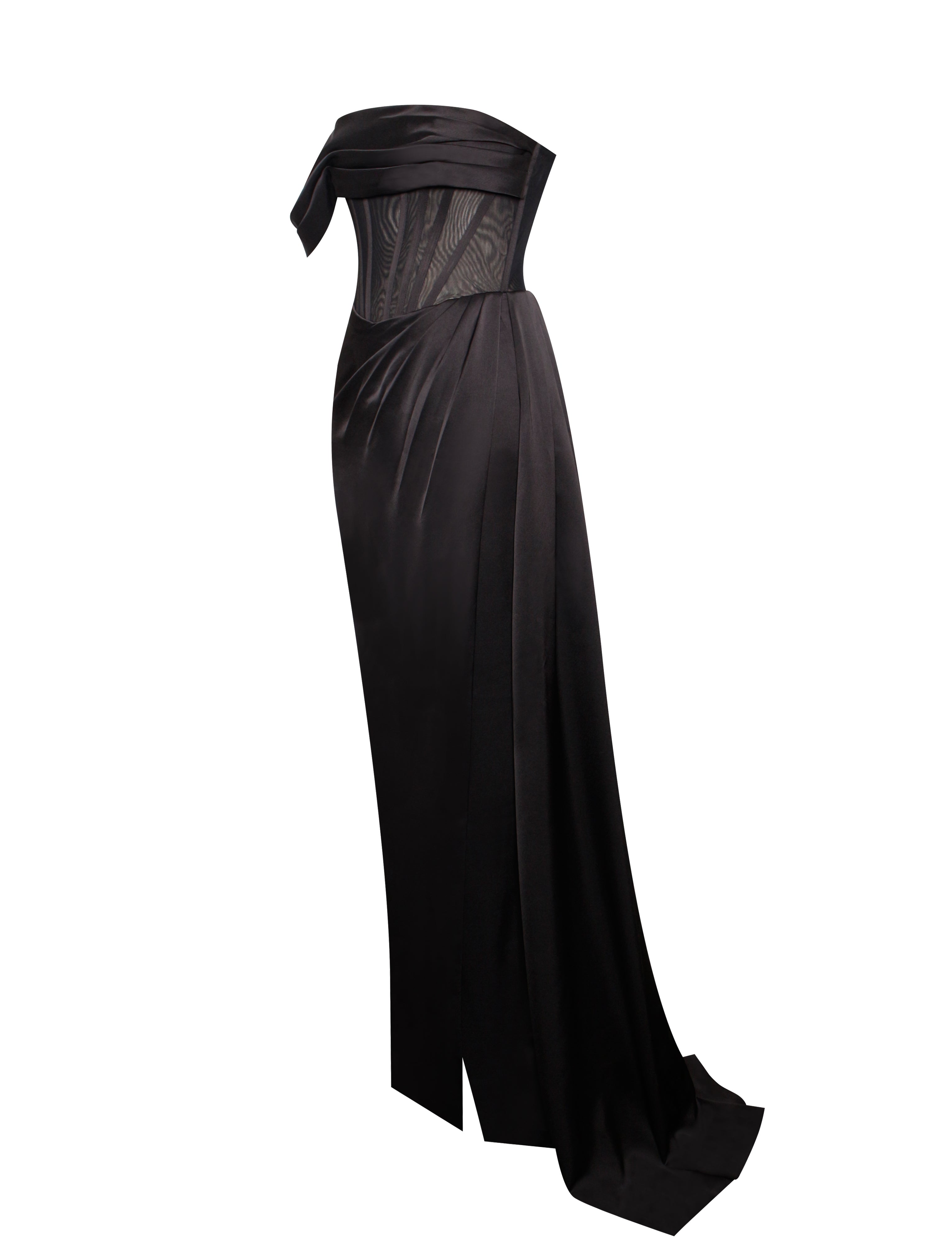 Rebeca Black Satin High Slit Corset Gown