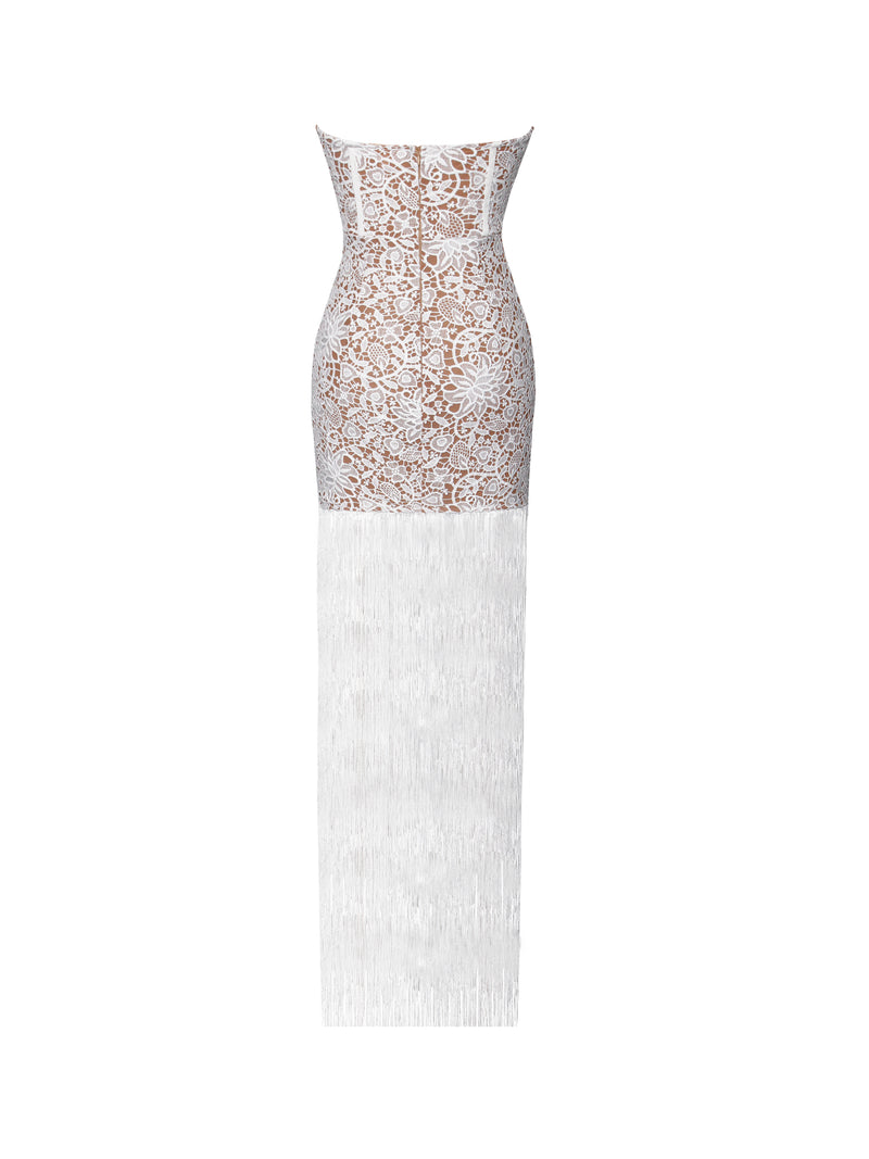 Become The One White Lace Long Fringed Strapless Dress - Miss Circle