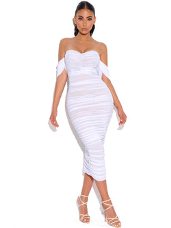 Quenby White Off Shoulder Mesh Maxi Dress