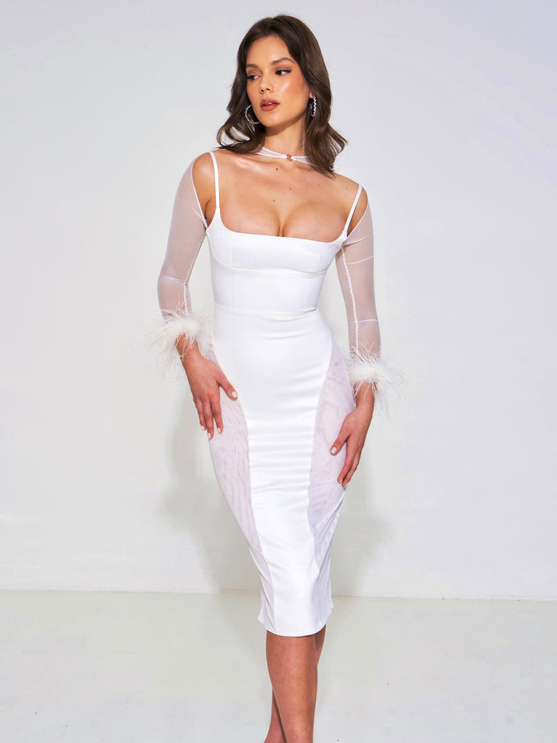 Oaklie White Satin Mesh Sleeve Dress With Feathers