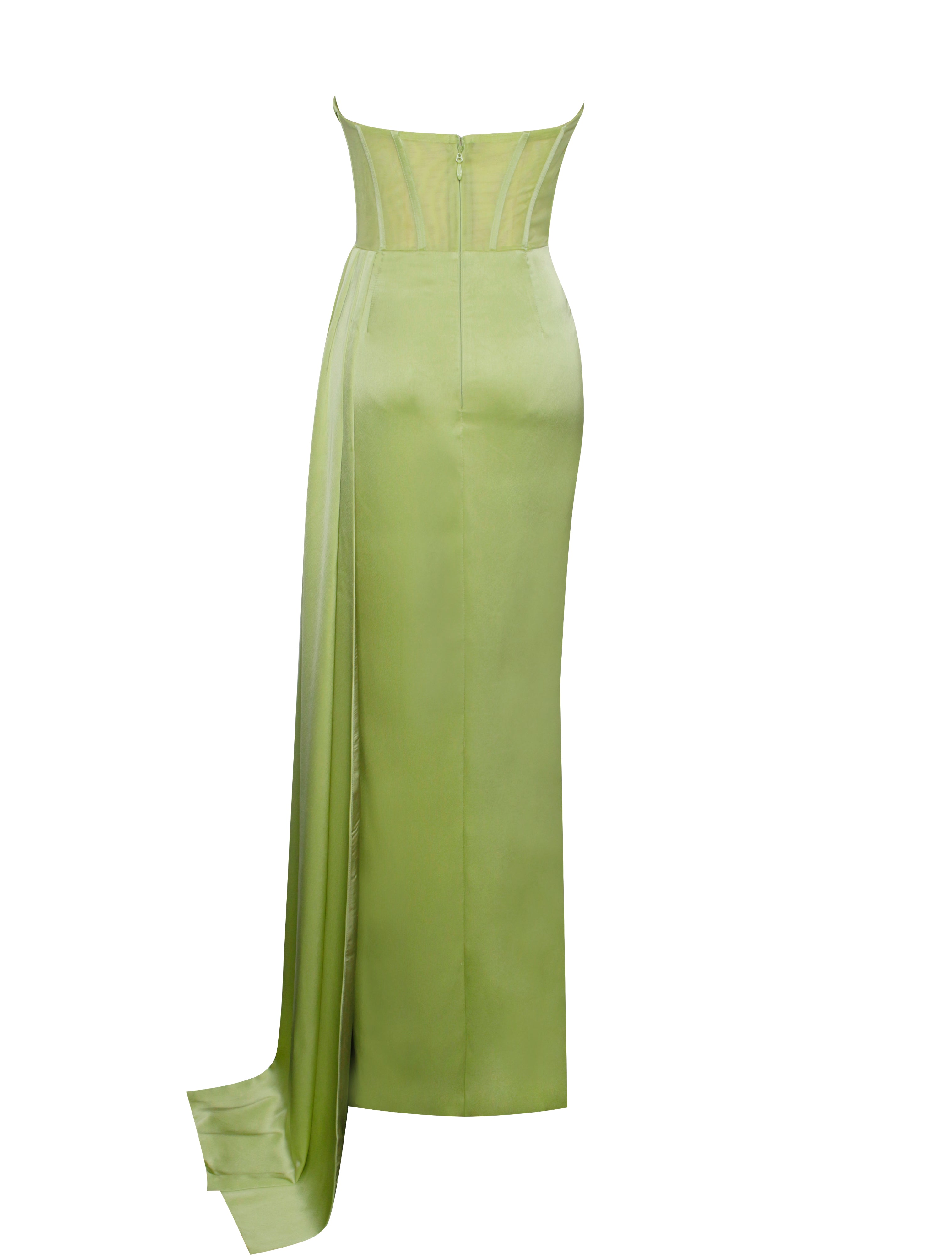 Prisa Lime High Slit Satin Corset Gown