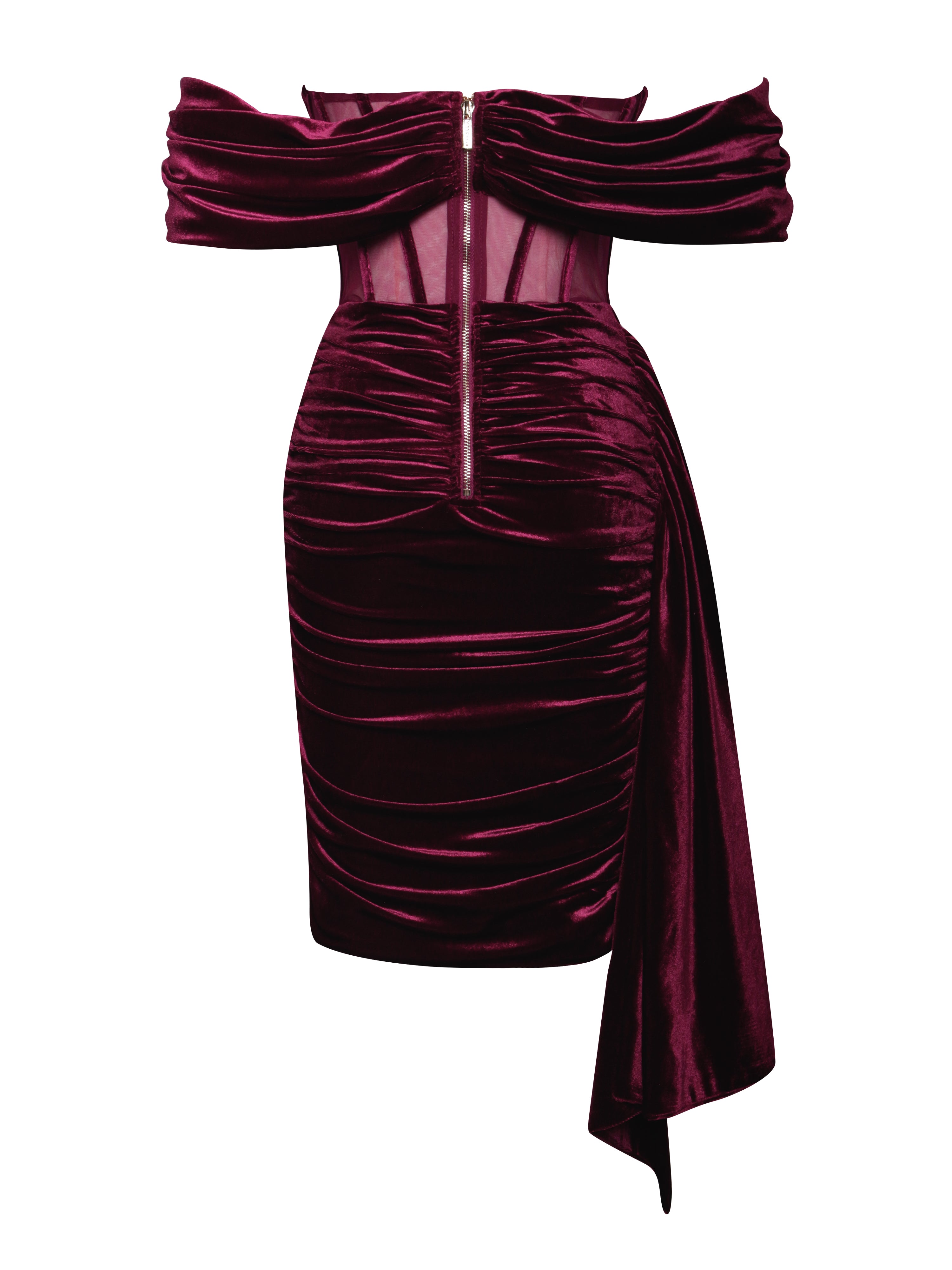 Irisa Burgundy Draping Off Shoulder Corset Dress