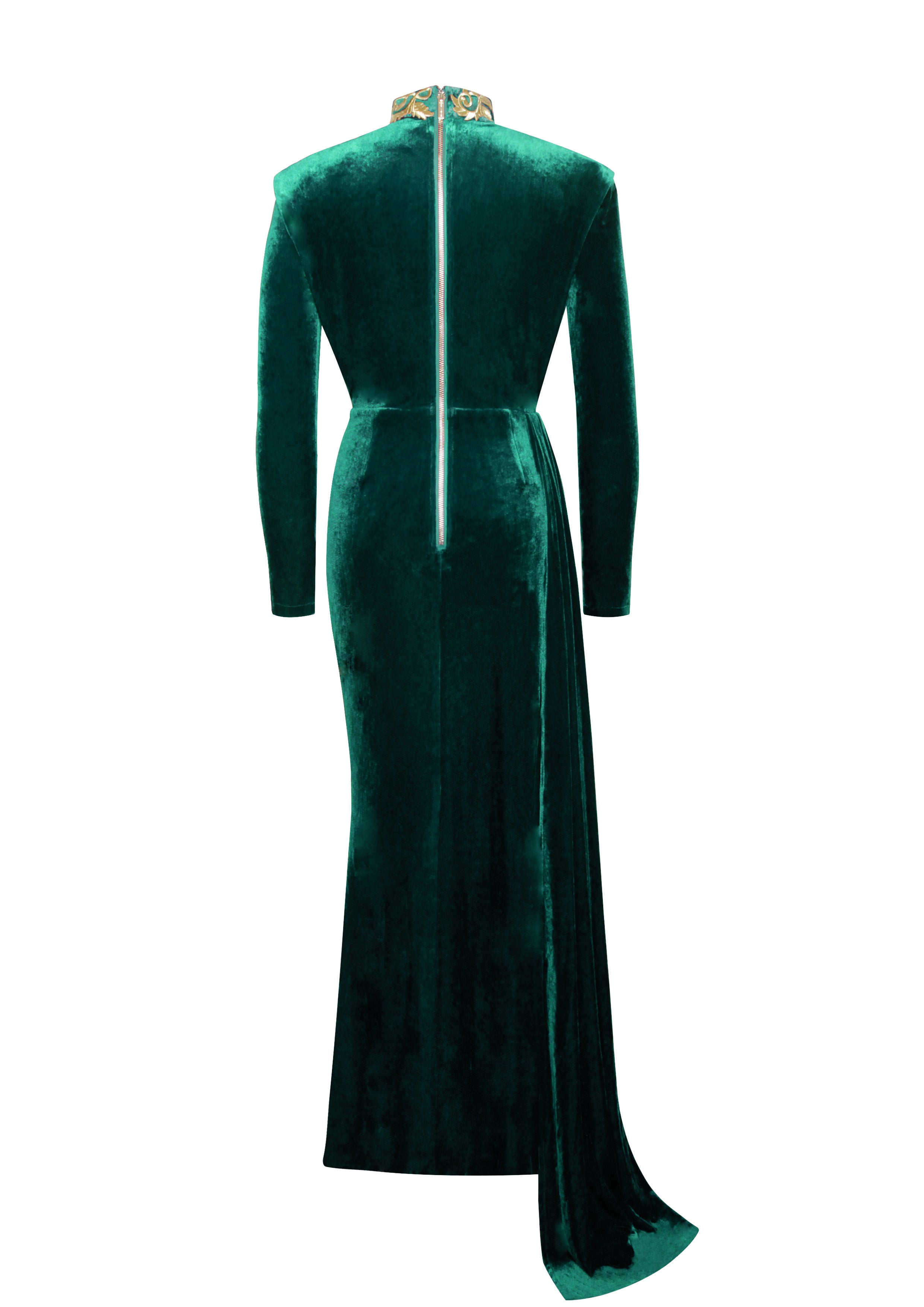 Zenaida Emerald Green Cutout High Slit Velvet Gown