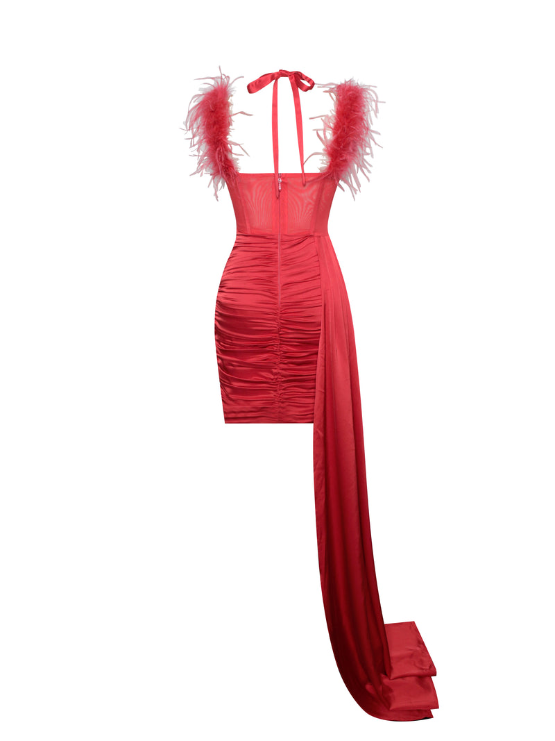 Wilma Red Satin Corset Draping Dress With Feather Strap