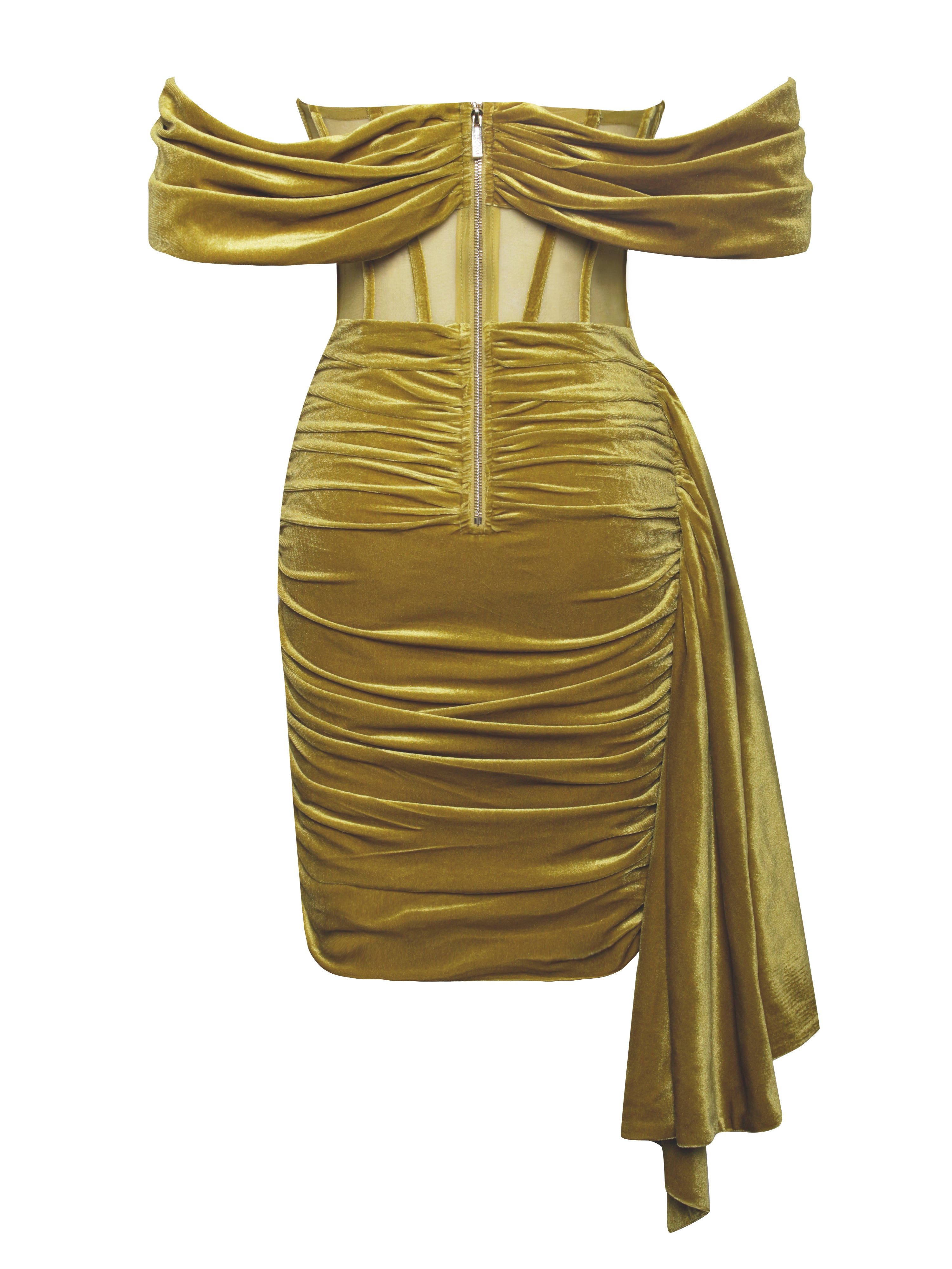 Irisa Gold Draping Off Shoulder Corset Dress