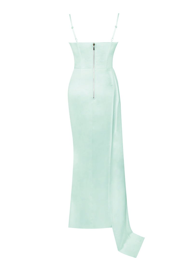 Vanity Mint Satin High Slit Draping Corset Gown With Crystals