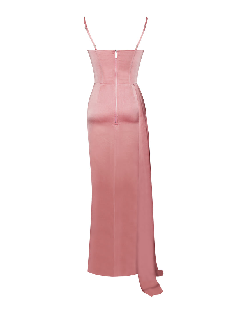 Vanity Blush Pink Satin High Slit Draping Corset Gown With Crystals