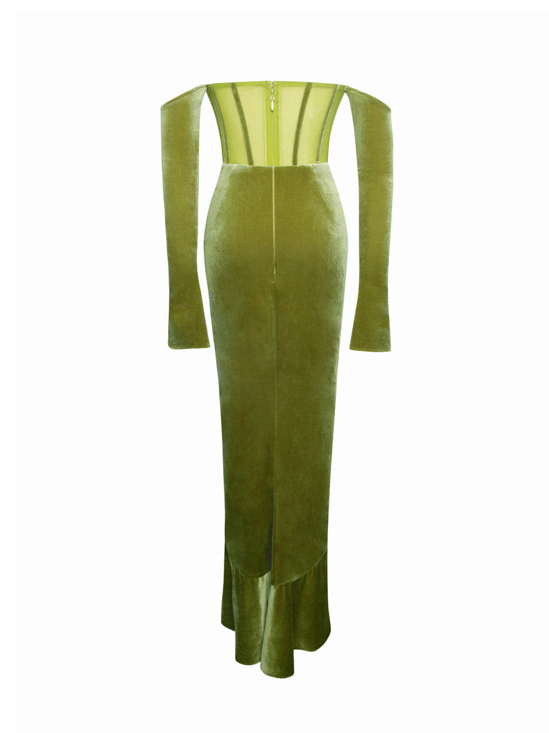 Taylee Olive Green Long Sleeve Off Shoulder Corset Velvet Gown
