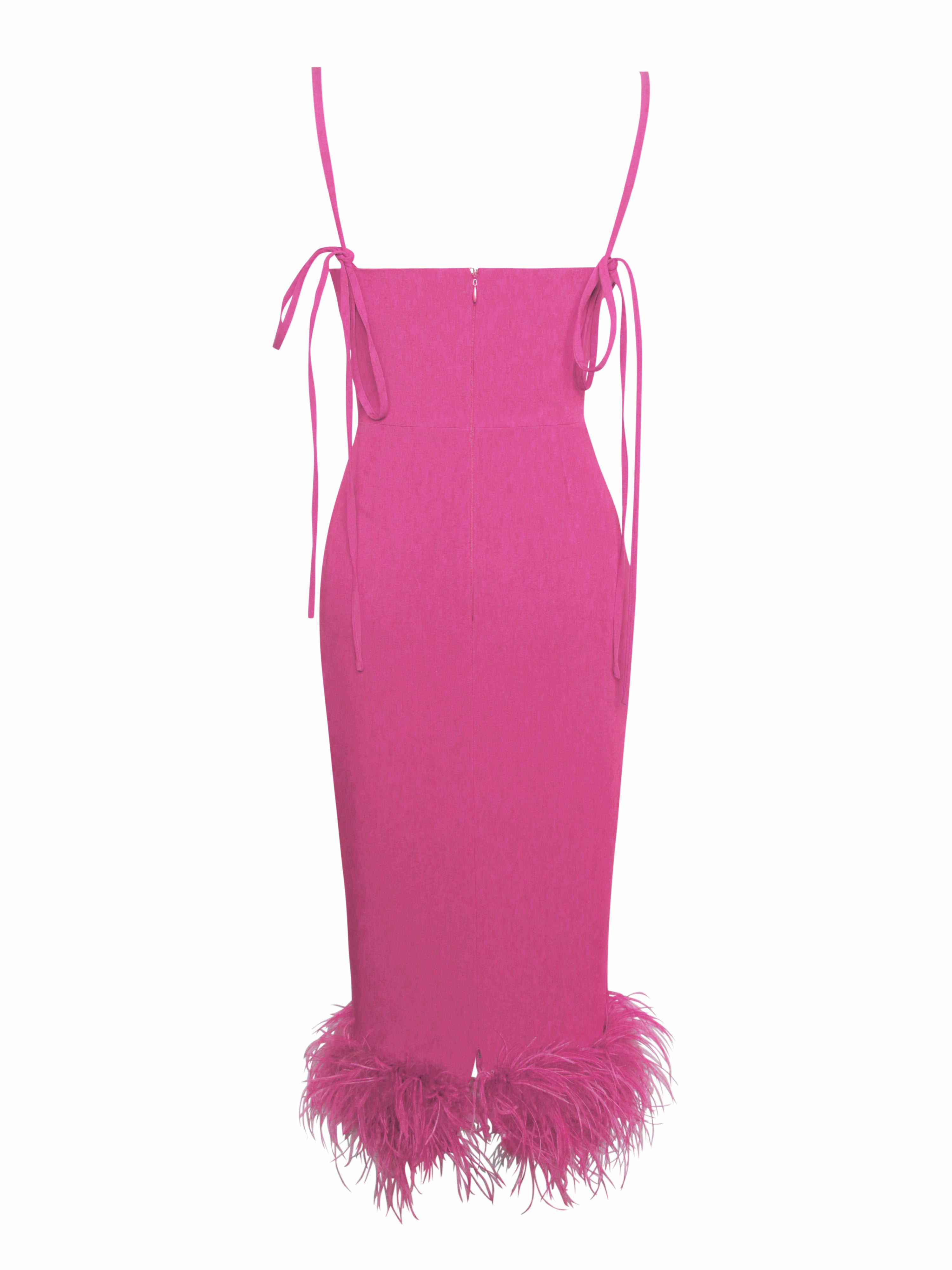 pink dress with fur at the bottom Fuchsia Feather Trim Bottom Midi Dress M / Fuchsia