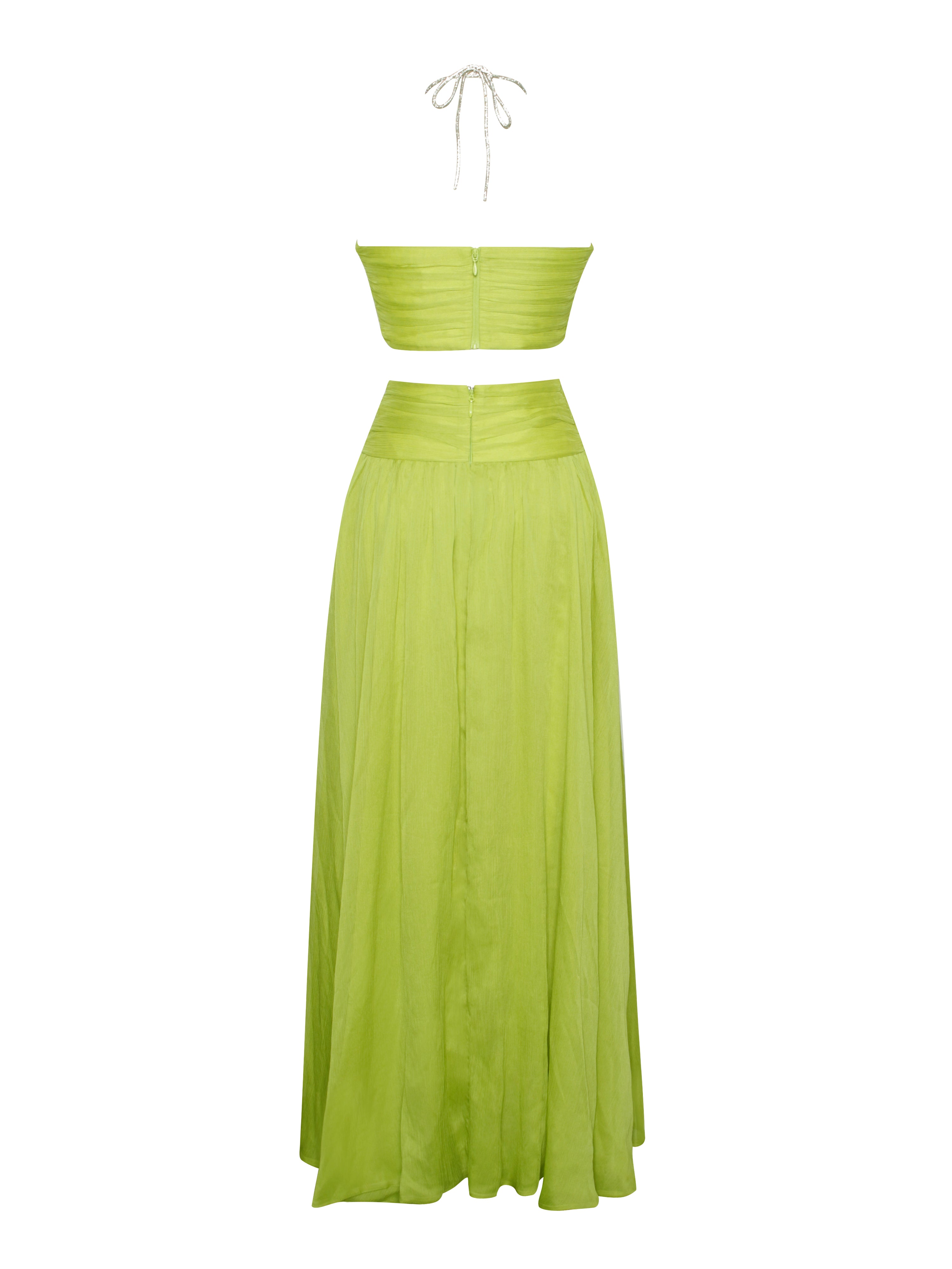 Valley Of Angels Lime Chiffon Pleated High Slit Maxi Dress S / US 4-6 Valley Of Angels Lime Chiffon Pleated High Slit Maxi Dress S / US 4-6