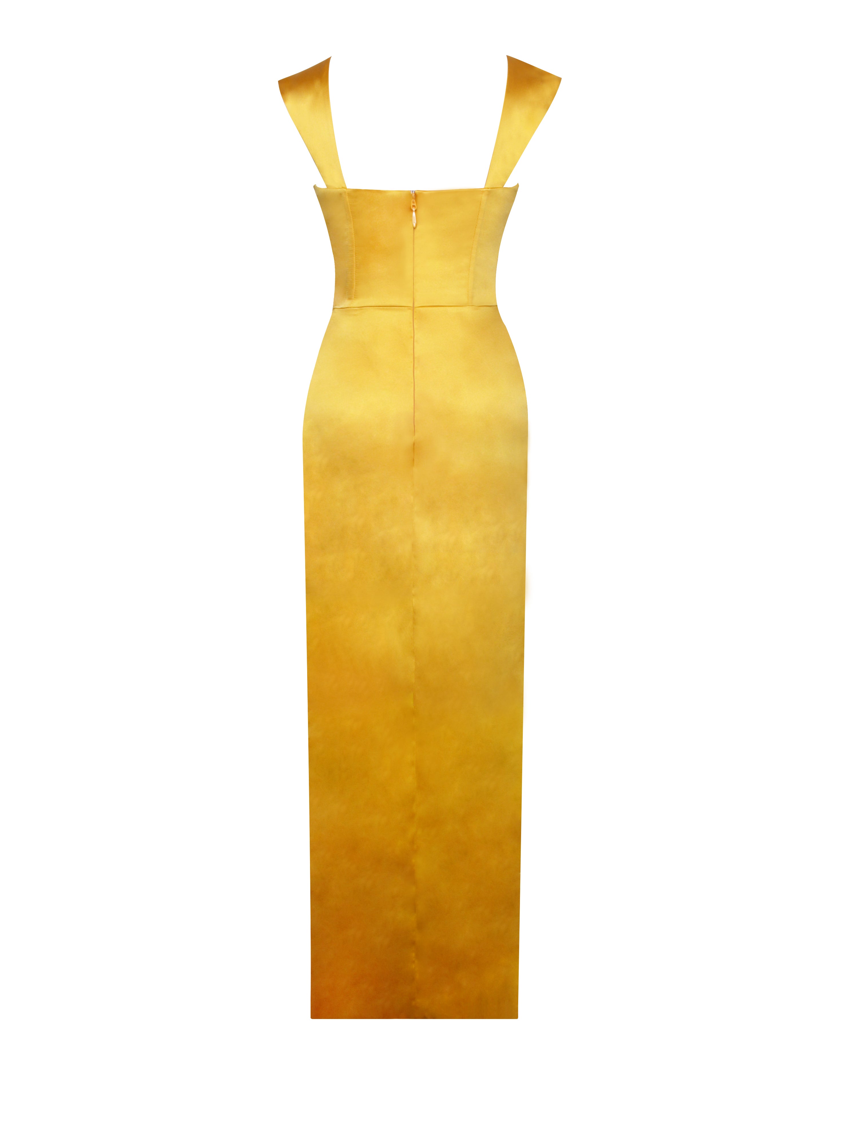 Zarah Yellow High Slit Corset Satin Dress