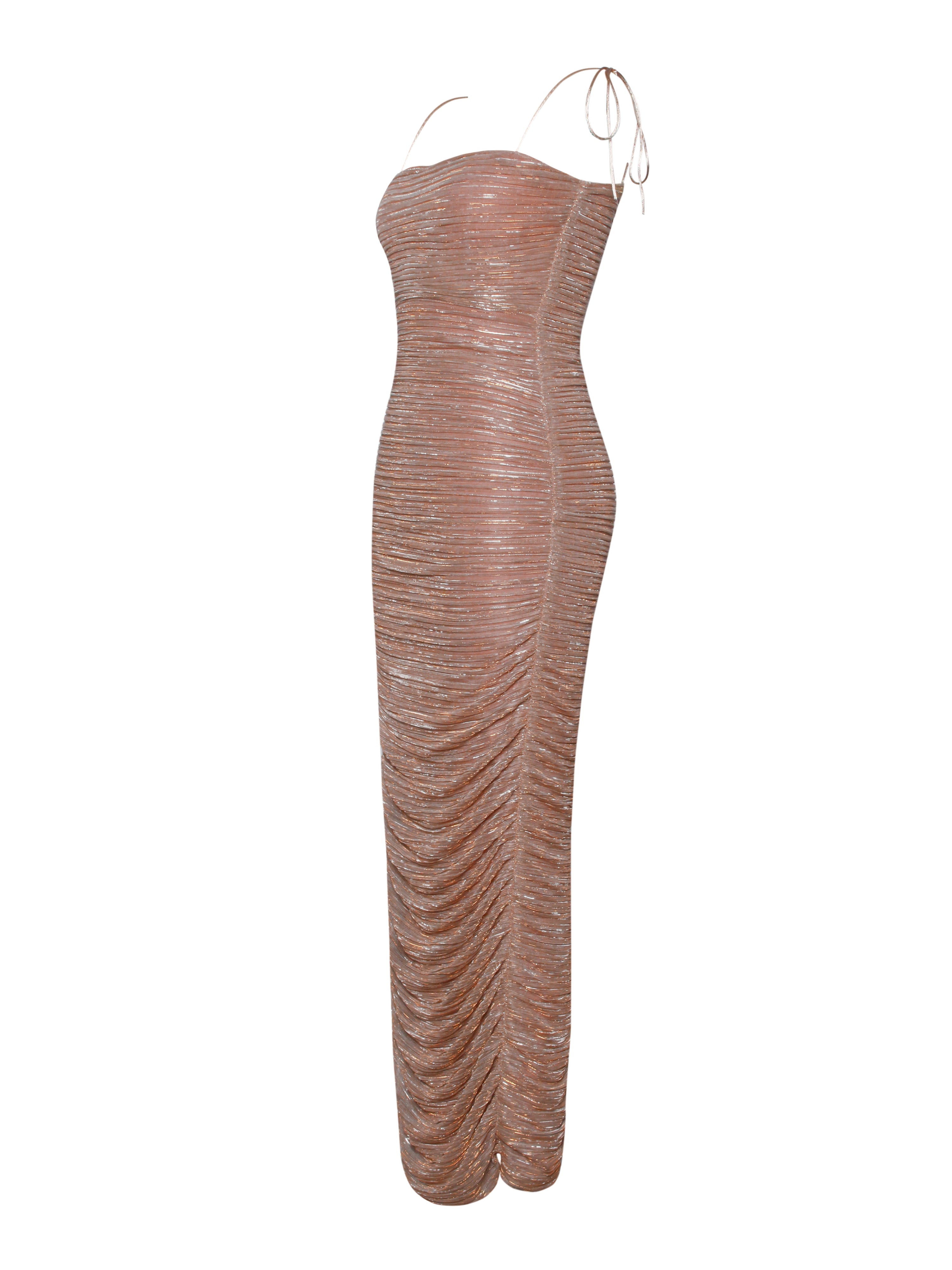 The Glint Rose Gold Ruched Chiffon Long Maxi Dress