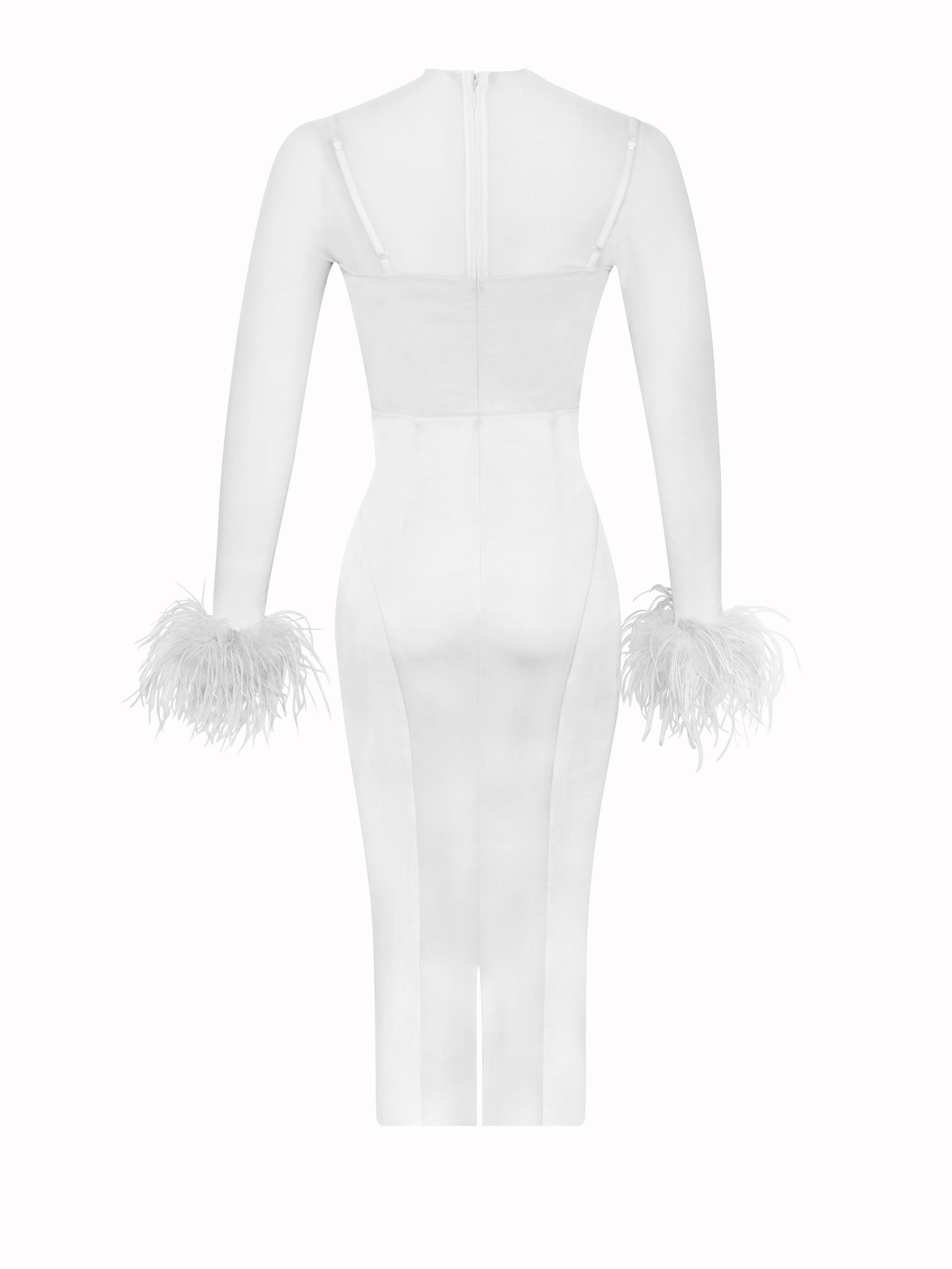 Oaklie White Satin Mesh Sleeve Dress With Feathers