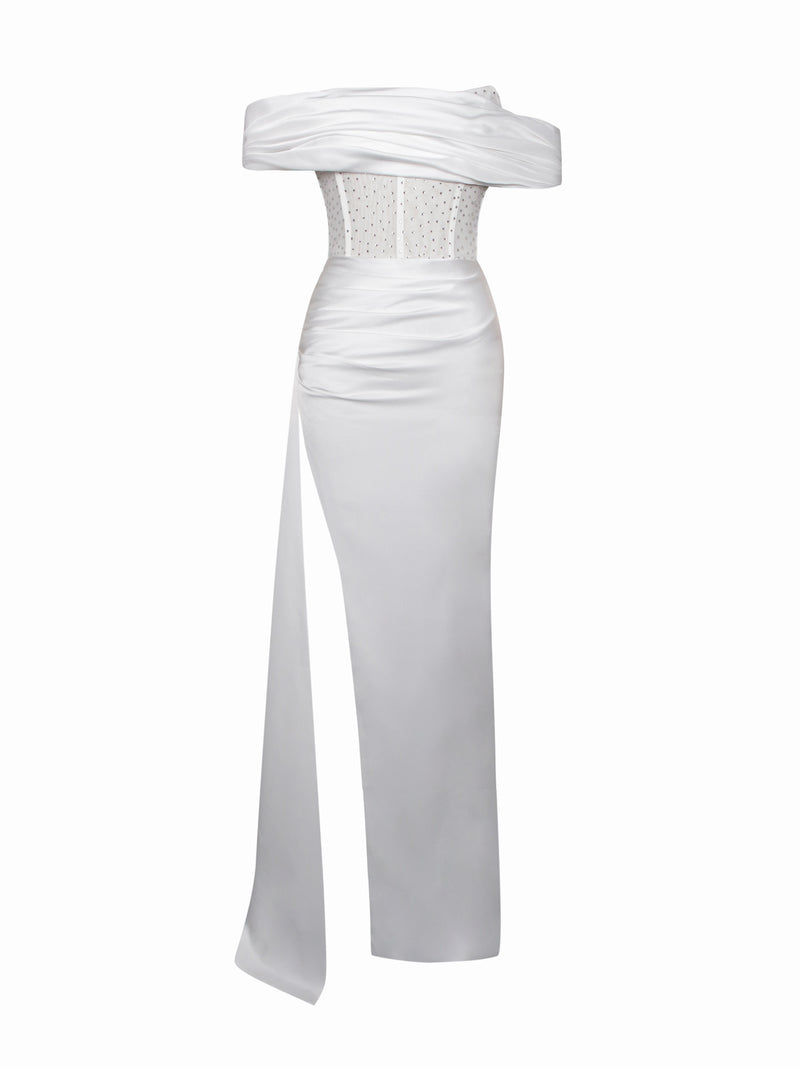 Norma White Off Shoulder Crystallized Corset Satin Gown