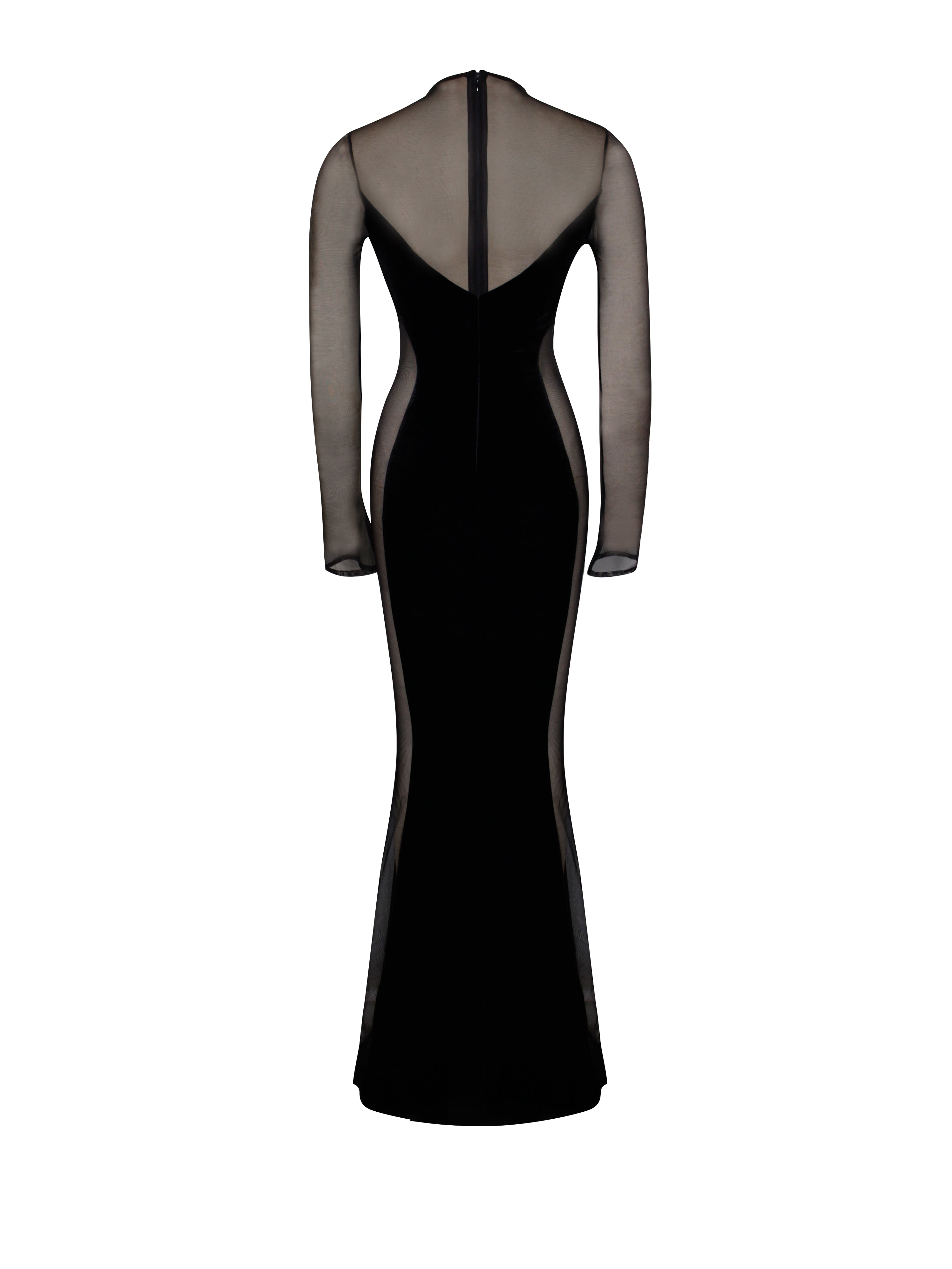 Paislee Black Velvet Mesh Long Sleeve Gown