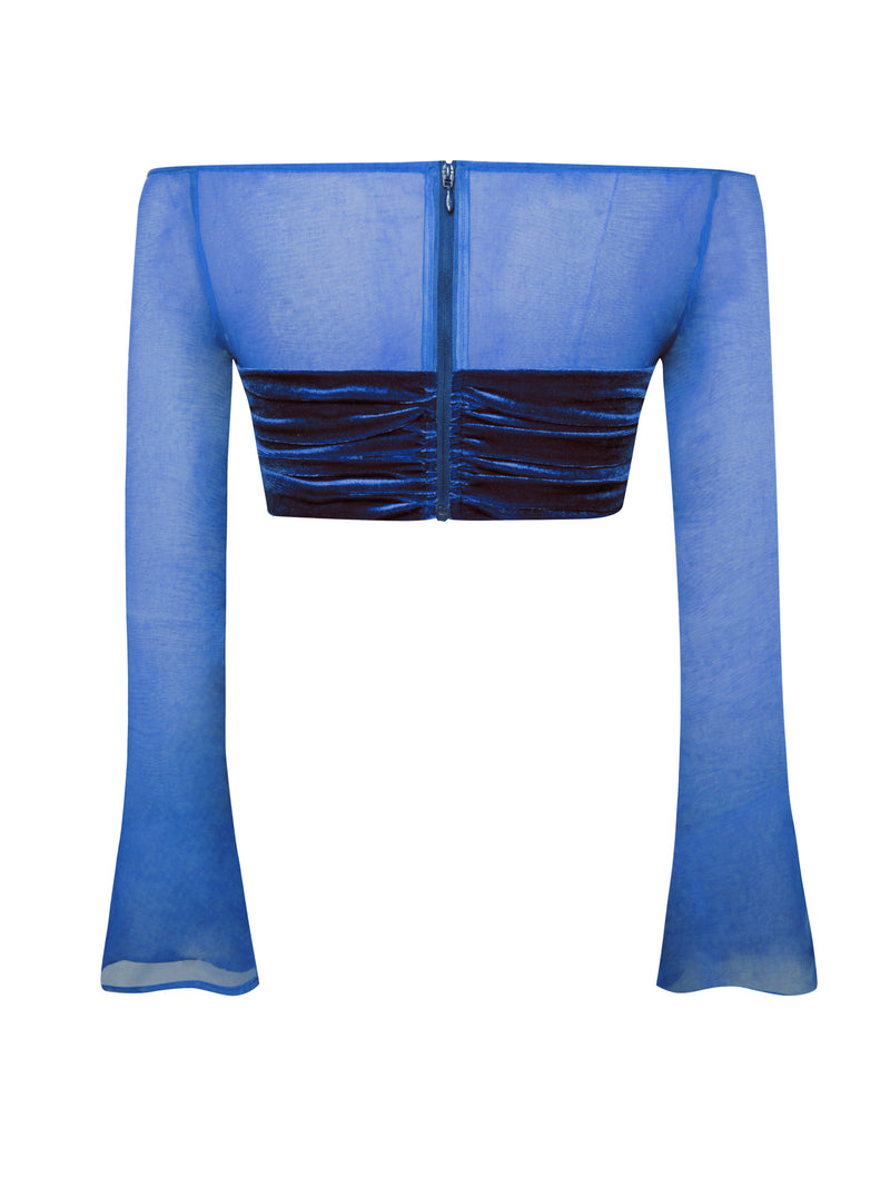 Brucie Royal Blue Velvet Mesh Sleeve Crop Top