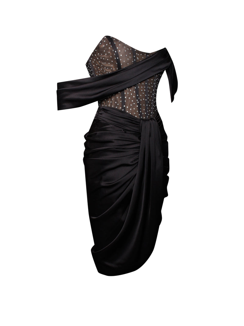 Darlene Black Off Shoulder Corset Satin Dress With Crystals