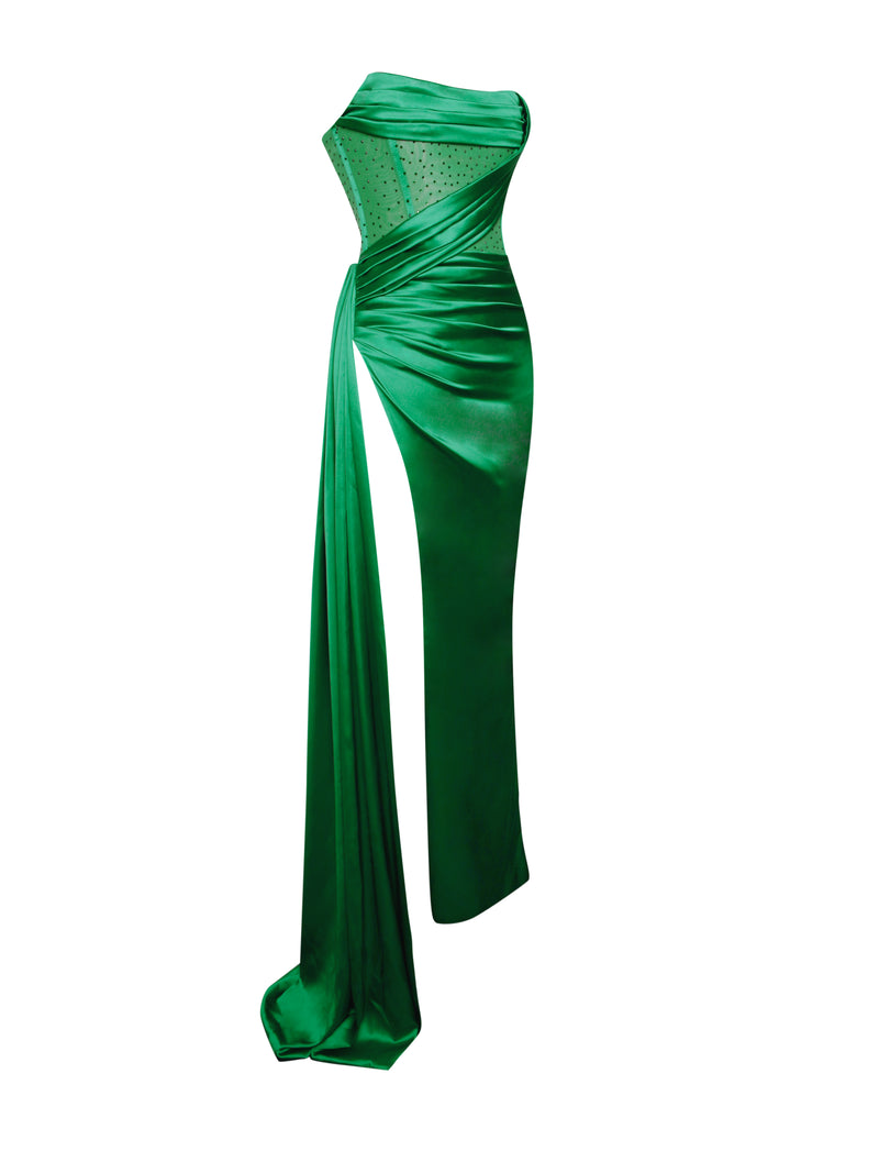 Holly Green Crystallized Corset High Slit Satin Gown