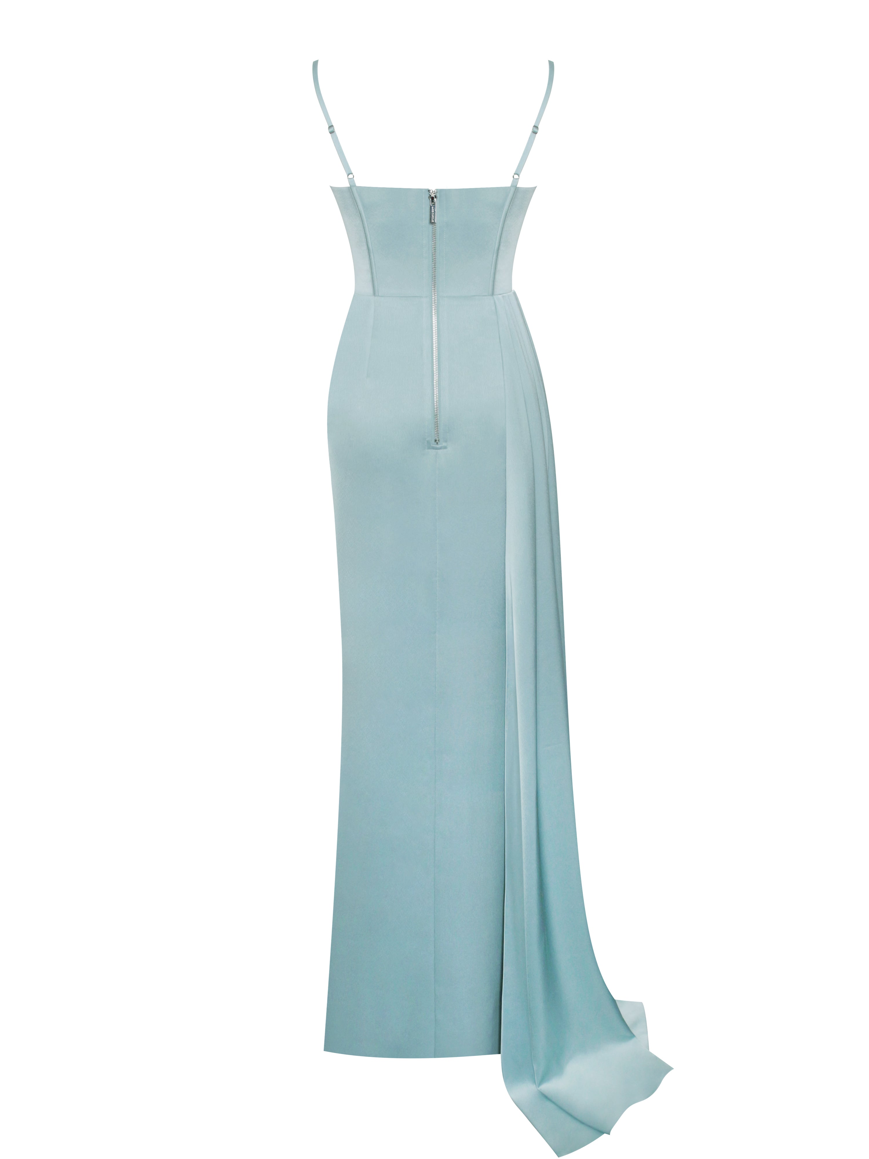 Elayna Pale Blue Strappy Satin Corset High Slit Gown Elayna Pale Blue Strappy Satin Corset High Slit Gown