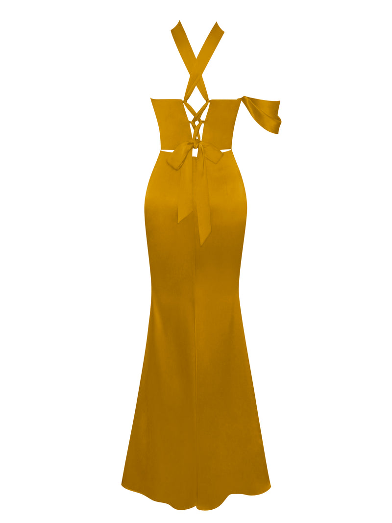 Marcia Gold Satin Strappy Halter Neck Dress – Miss Circle