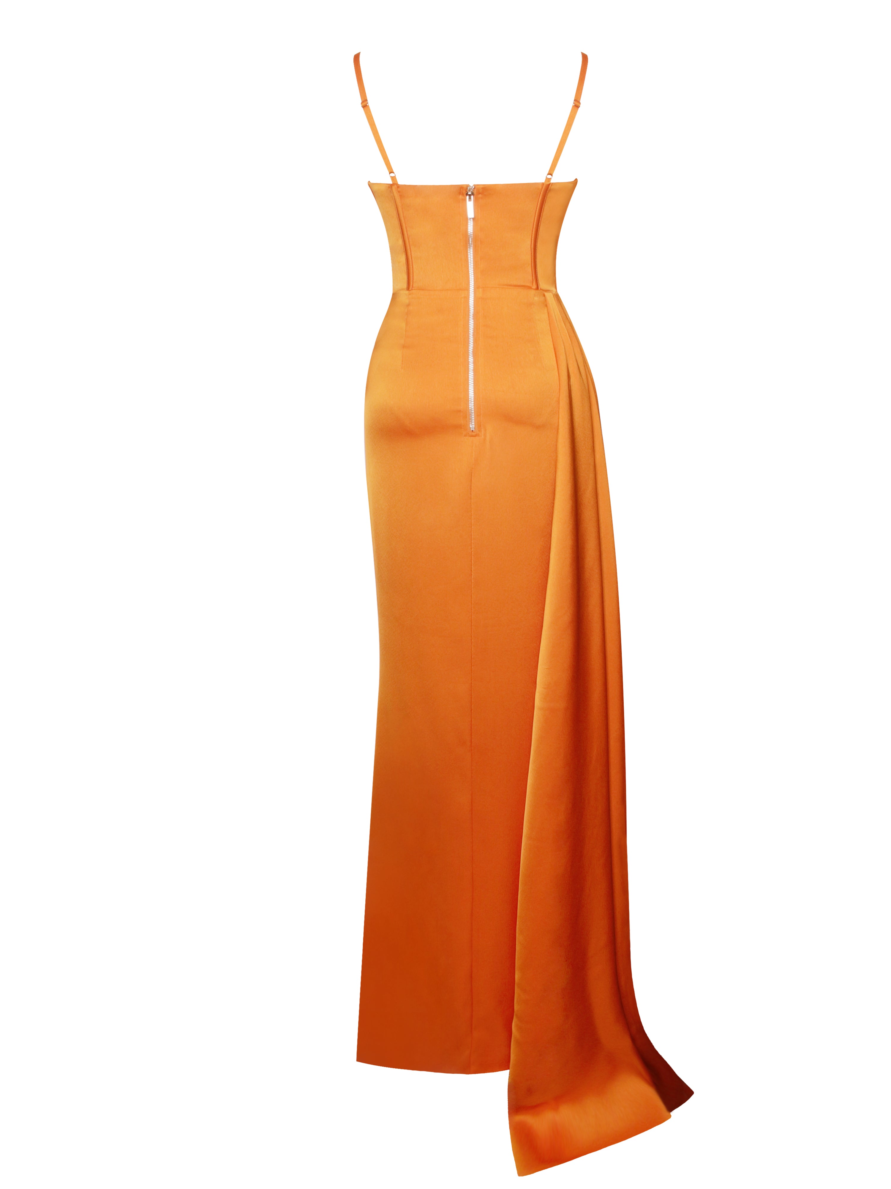 Miss Circle Women Elayna Orange Strappy Satin Corset High Slit Gown Miss Circle Women Elayna Orange Strappy Satin Corset High Slit Gown