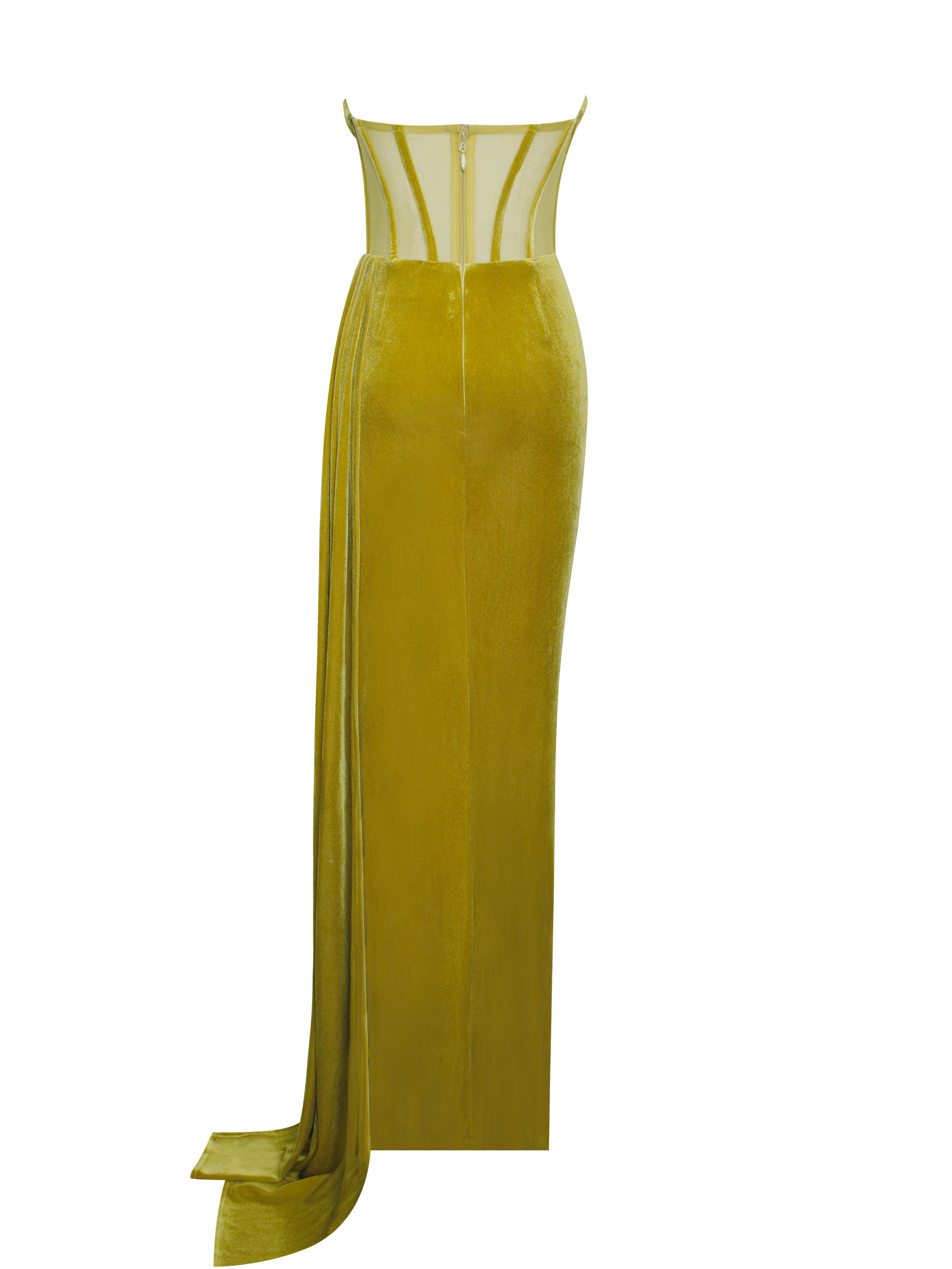 Priya Gold Draping Corset High Slit Velvet Gown Priya Gold Draping Corset High Slit Velvet Gown