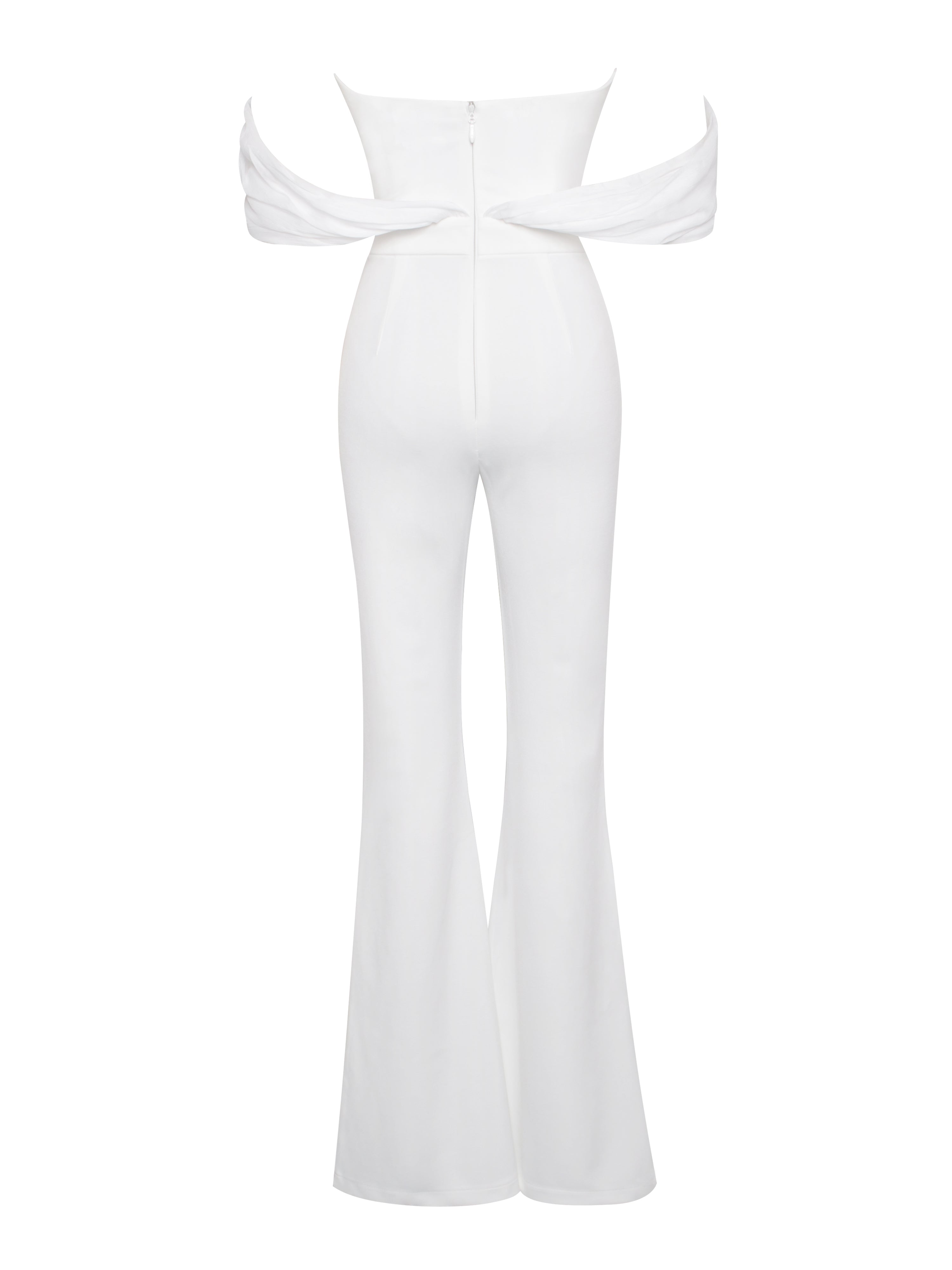 Sherlyn White Off Shoulder Flared Crepe Jumpsuit