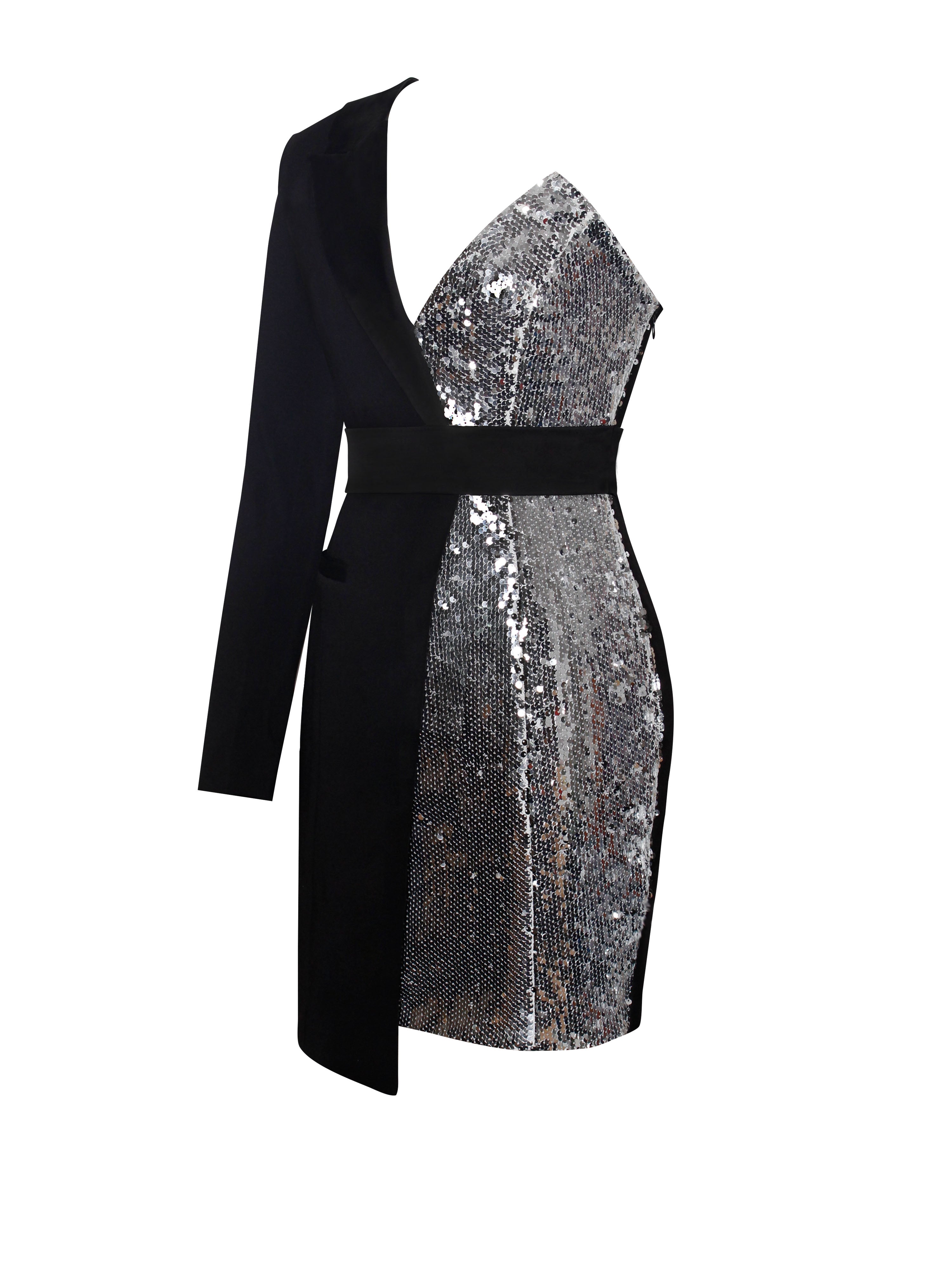 Silver Night One Sleeved Sequin Crepe Tuxedo Blazer Dress - Miss Circle