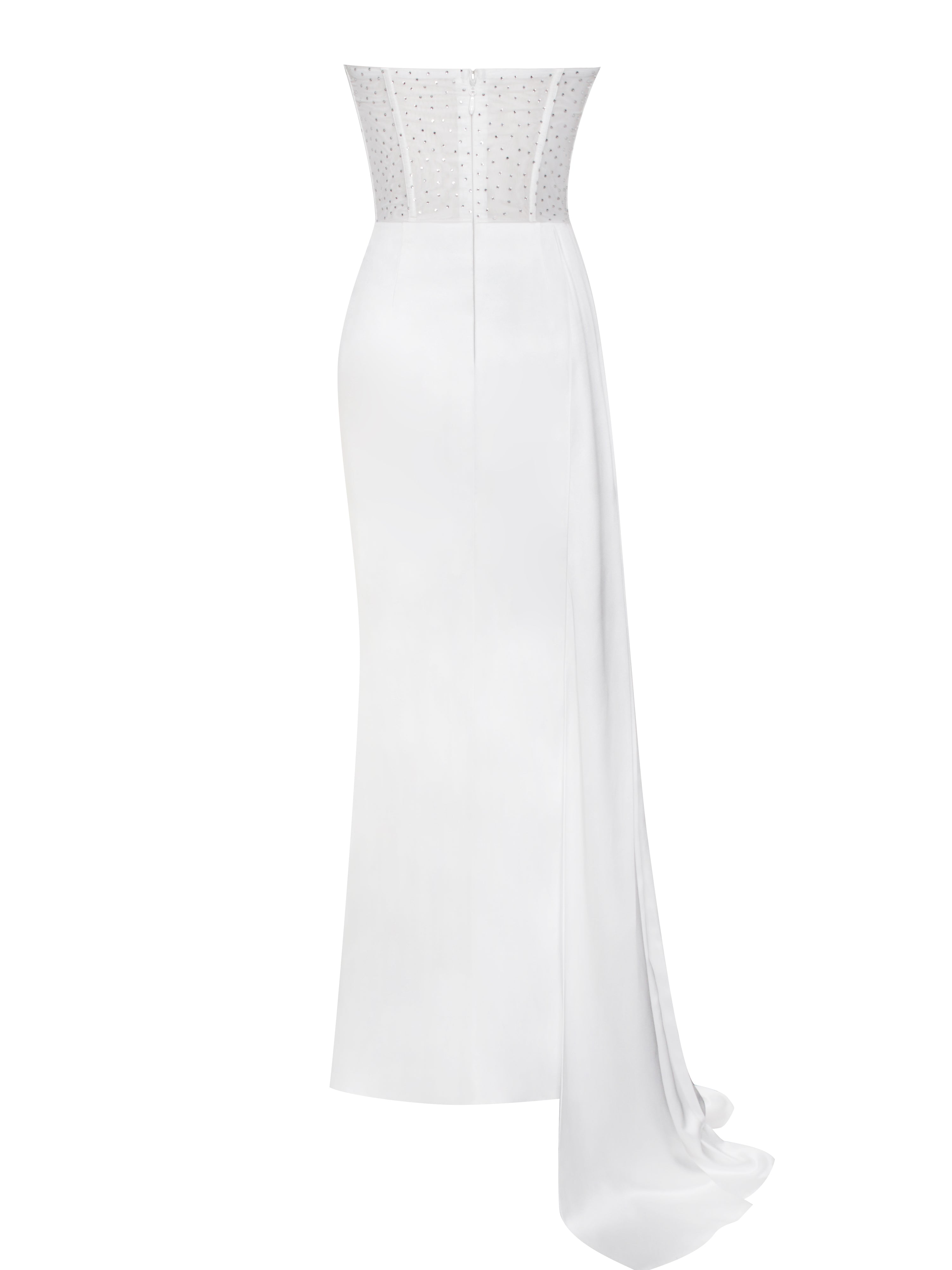 Holly White Crystallized Corset High Slit Satin Gown