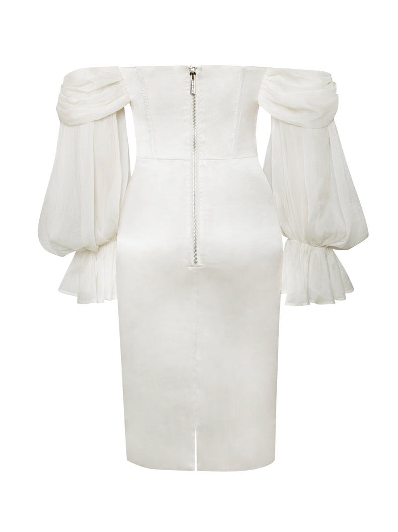 Lydia Pearl White Satin Off Shoulder Puff Sleeve Dress