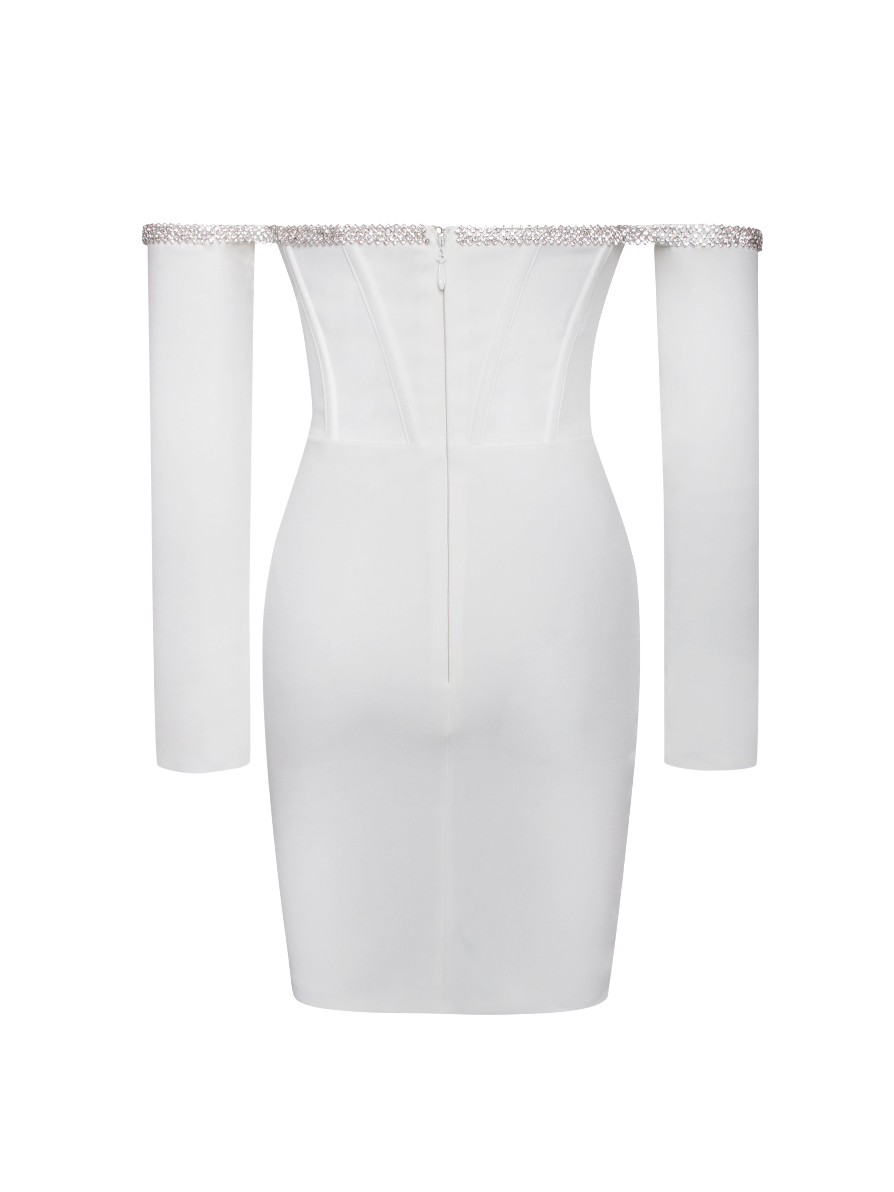 Annika White Off Shoulder Long Sleeve Corset Dress With Crystal Trim