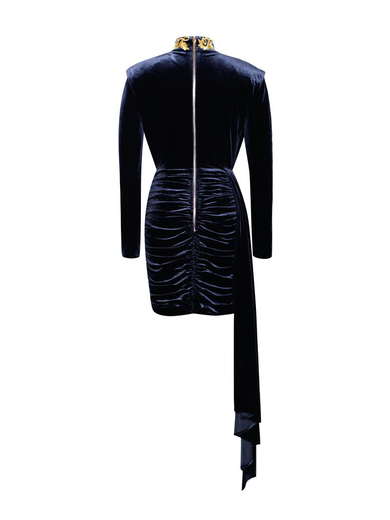 Gracyn Blue Cutout Long Sleeve Draping Velvet Dress