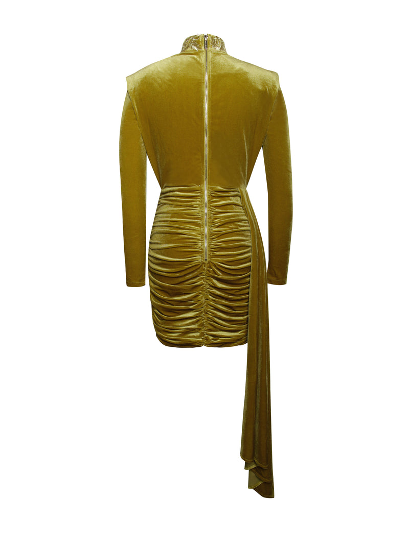 Gracyn Gold Cutout Long Sleeve Draping Velvet Dress