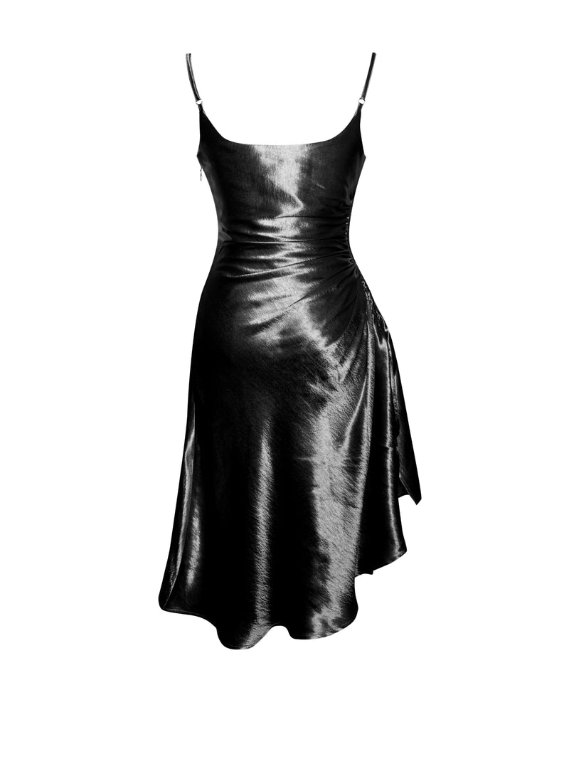 Montego Black Satin Side Slit Dress