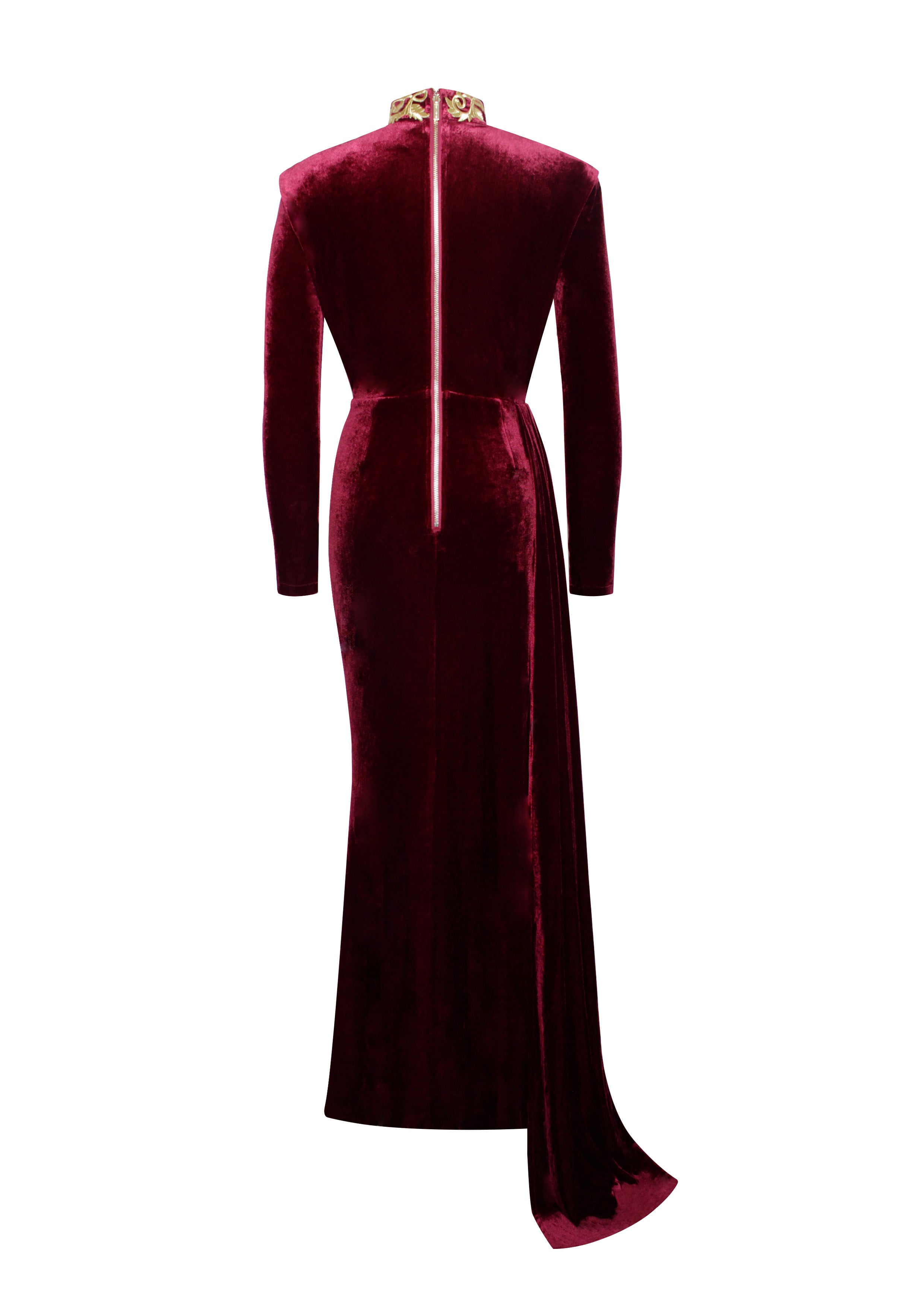 Zenaida Burgundy Cutout High Slit Velvet Gown