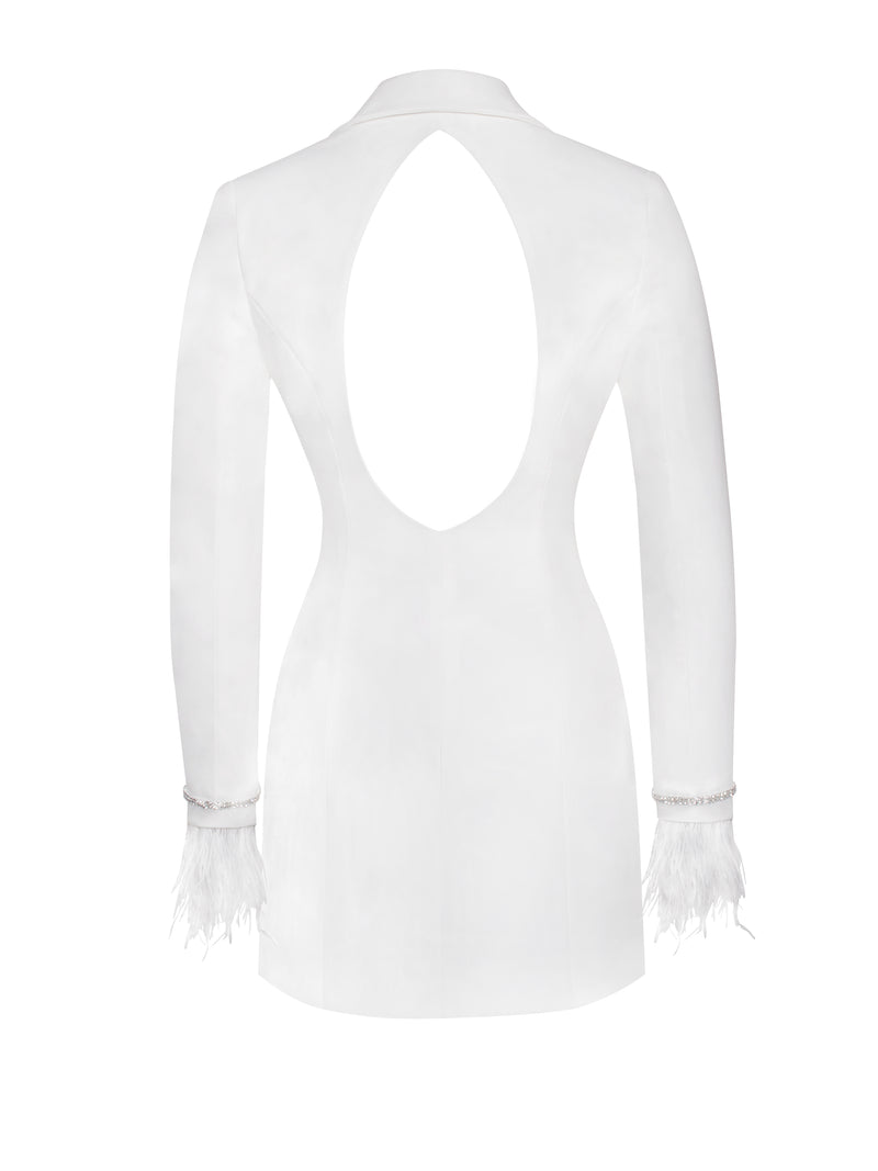 Quilla White Feather Crystal Sleeve Backless Blazer Dress – Miss Circle