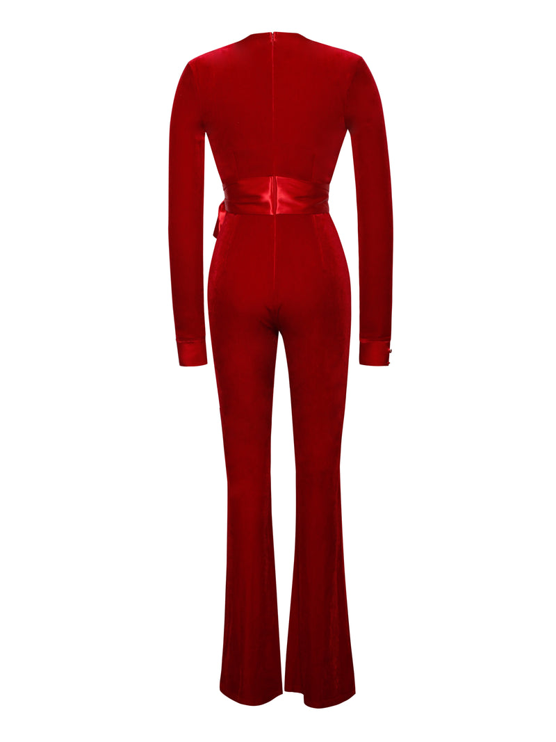 Glorious Red Long Sleeve Velvet Jumpsuit - Miss Circle