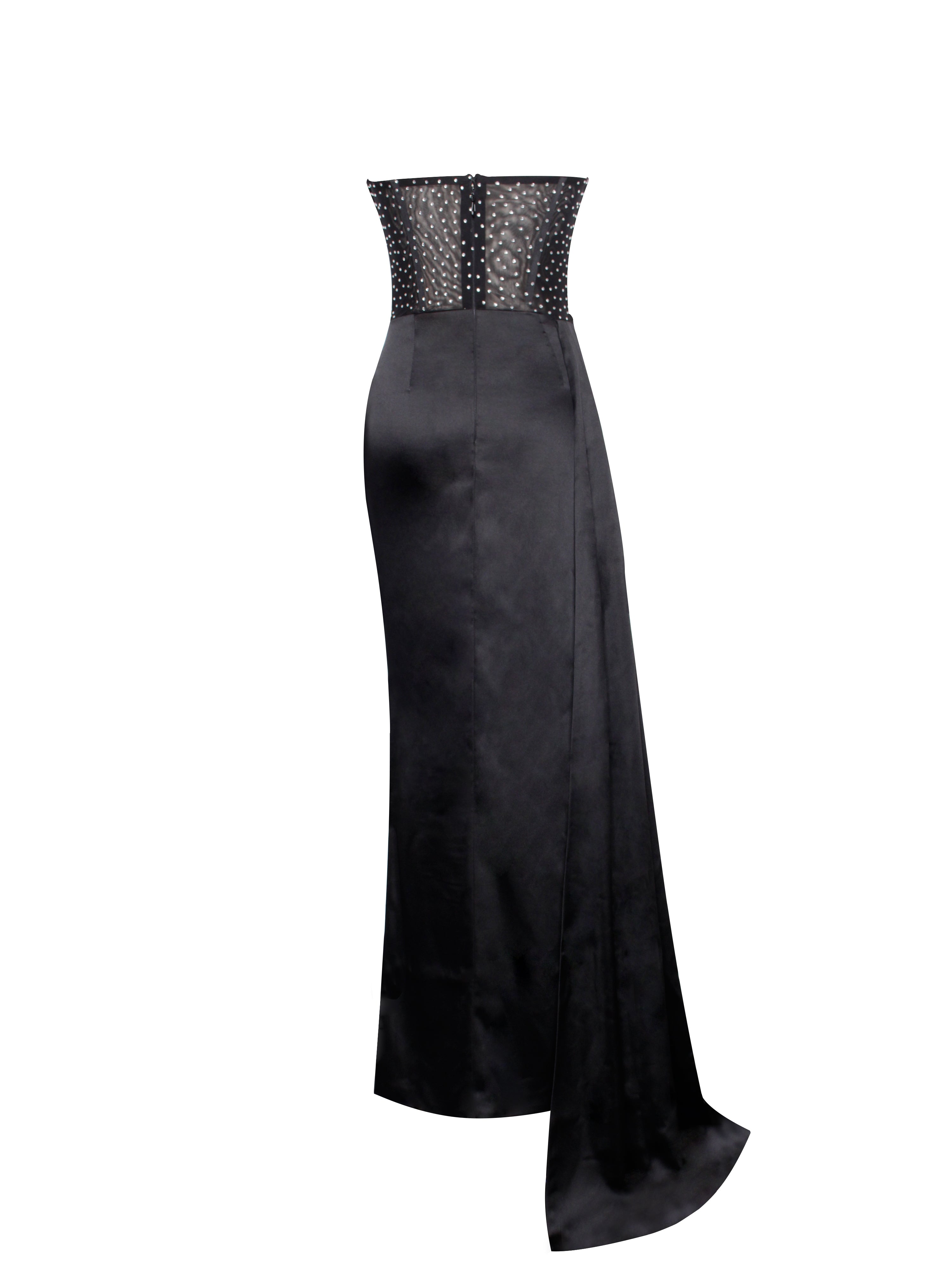 hallie formal high slit corset dress Holly Black Crystallized Corset High Slit Satin Gown