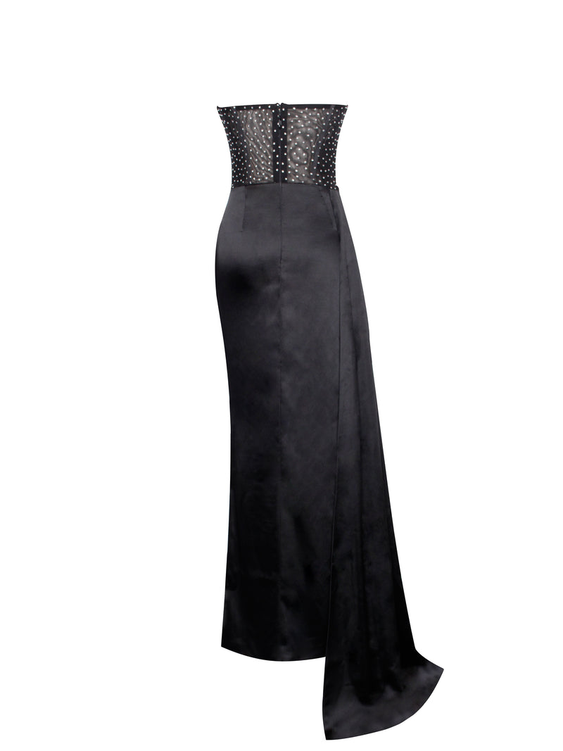 Holly Black Crystallized Corset High Slit Satin Gown